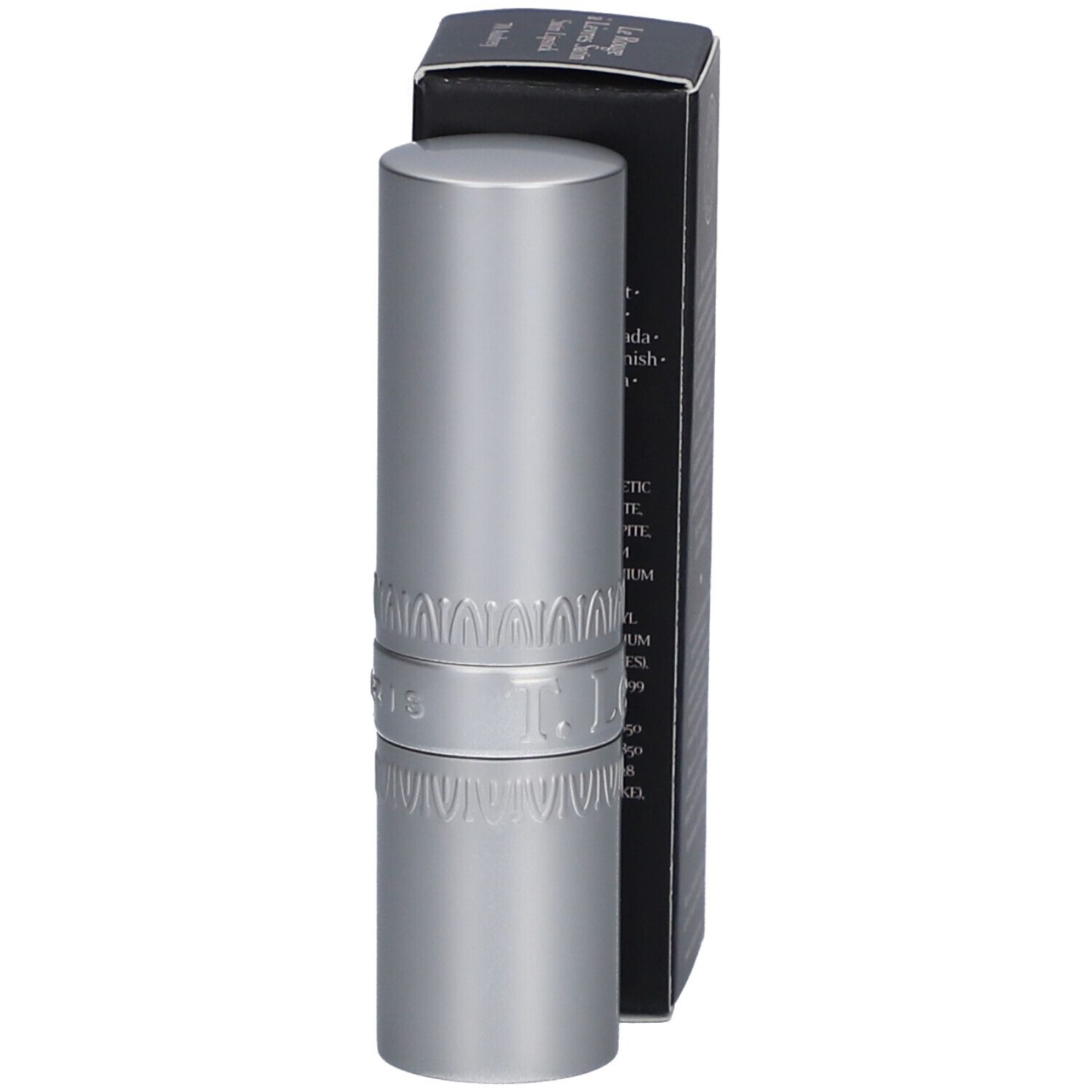 T.LeClerc Lippenstift Satin Audrey 70. Silberner Lippenstift und schwarze Verpackung. Text: Le Rouge à Lèvres Satin.