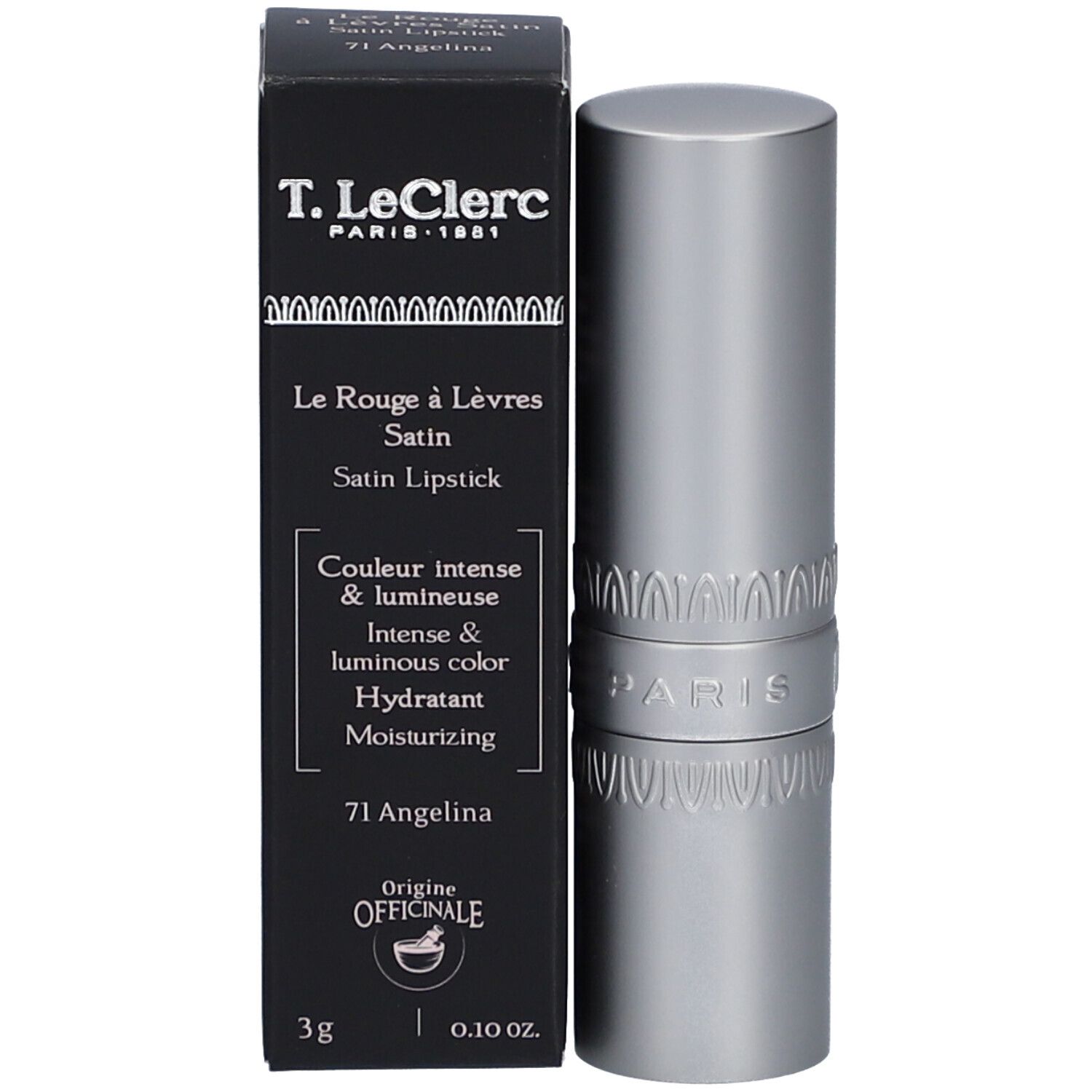 T. LeClerc Lippenstift Satin Angelina 71. Schwarze Verpackung und silberner Lippenstift. Text: Satin Lipstick, 71 Angelina.