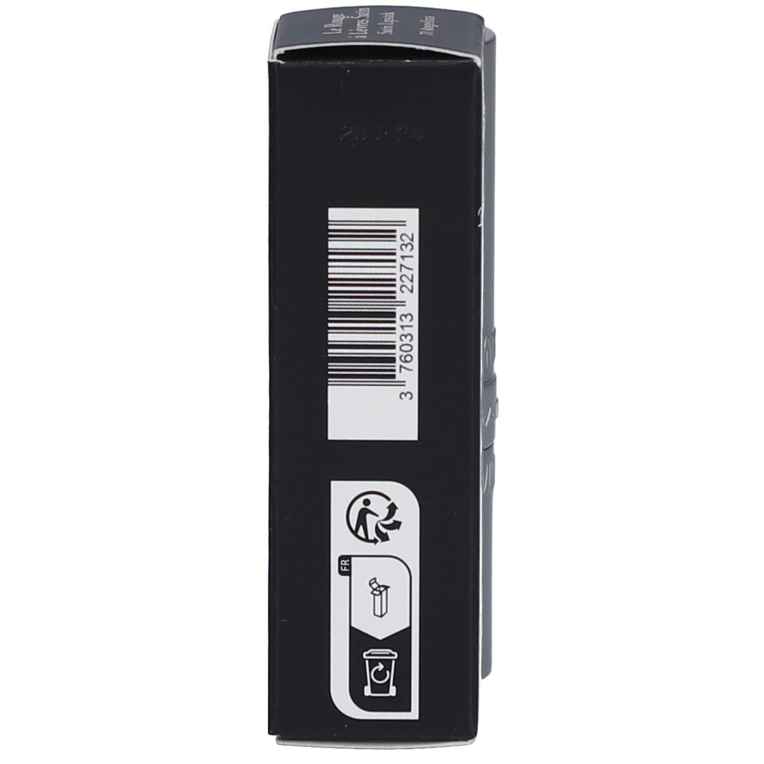 Schwarze Verpackung des Lippenstifts. Barcode und Recycling-Symbole. Text: T. LeClerc Paris.