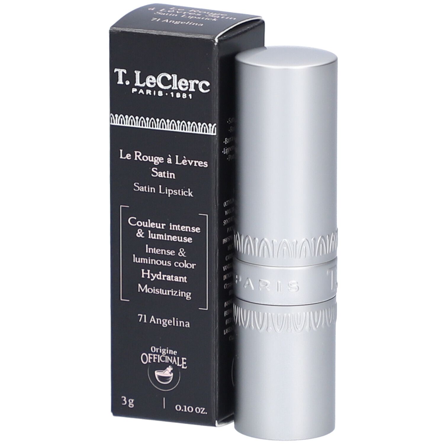 T. LeClerc Lippenstift Satin Angelina 71. Schwarze Verpackung und silberner Lippenstift. Text: Satin Lipstick, 71 Angelina.