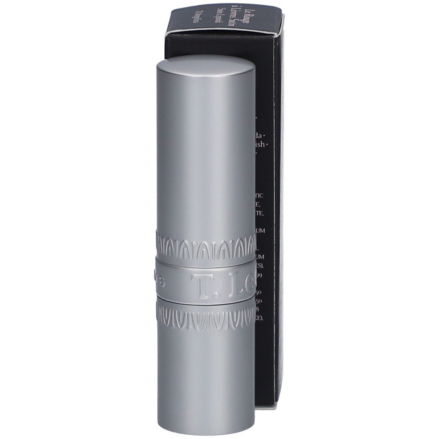 Silberner Lippenstift und schwarze Verpackung. Text: T. LeClerc Paris.