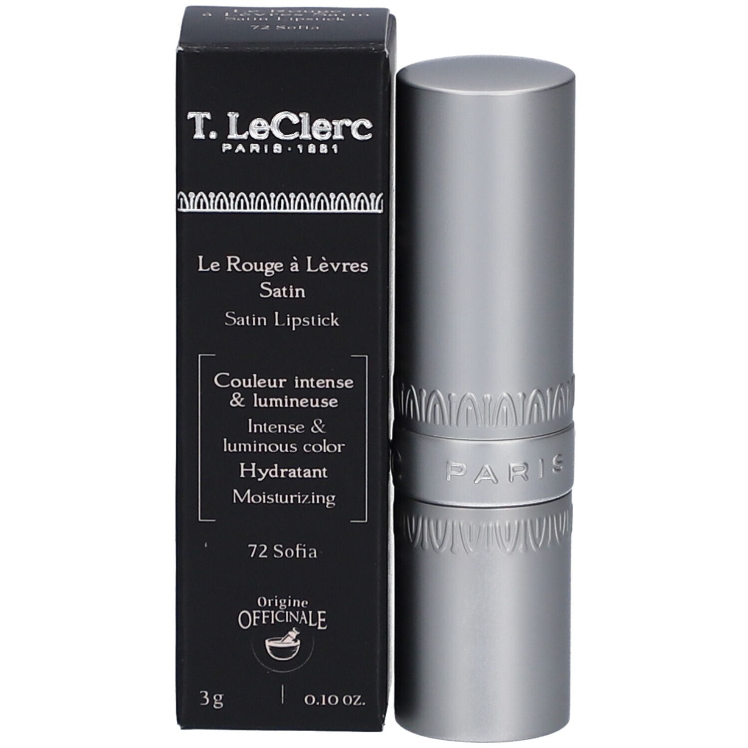 Lippenstift und Schachtel. T. LeClerc Lippenstift Satin Sofia 72. Schwarze Schachtel mit Produktinformationen.
