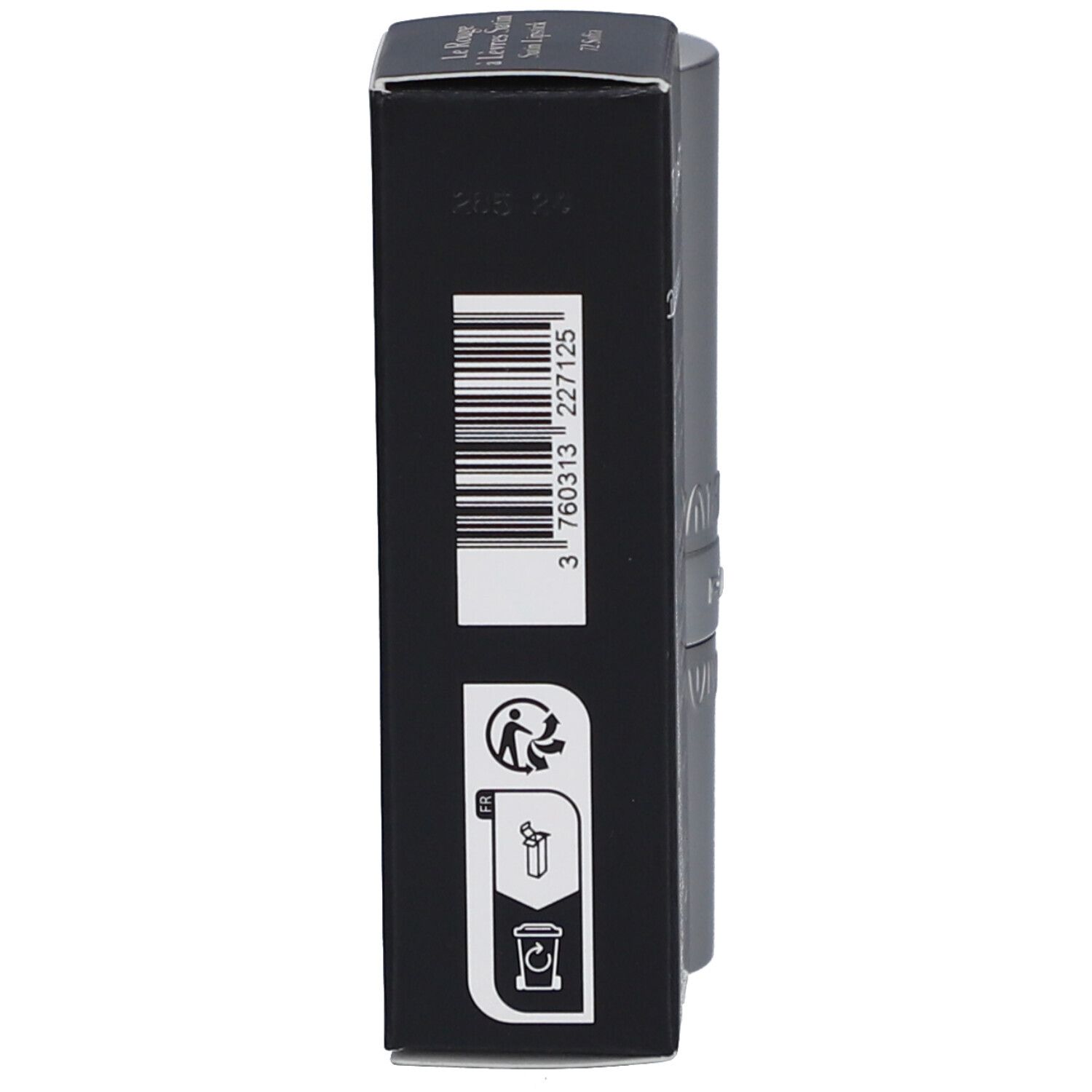 Schwarze Schachtel. Barcode und Recycling-Symbole. T. LeClerc Lippenstift Satin Sofia 72.
