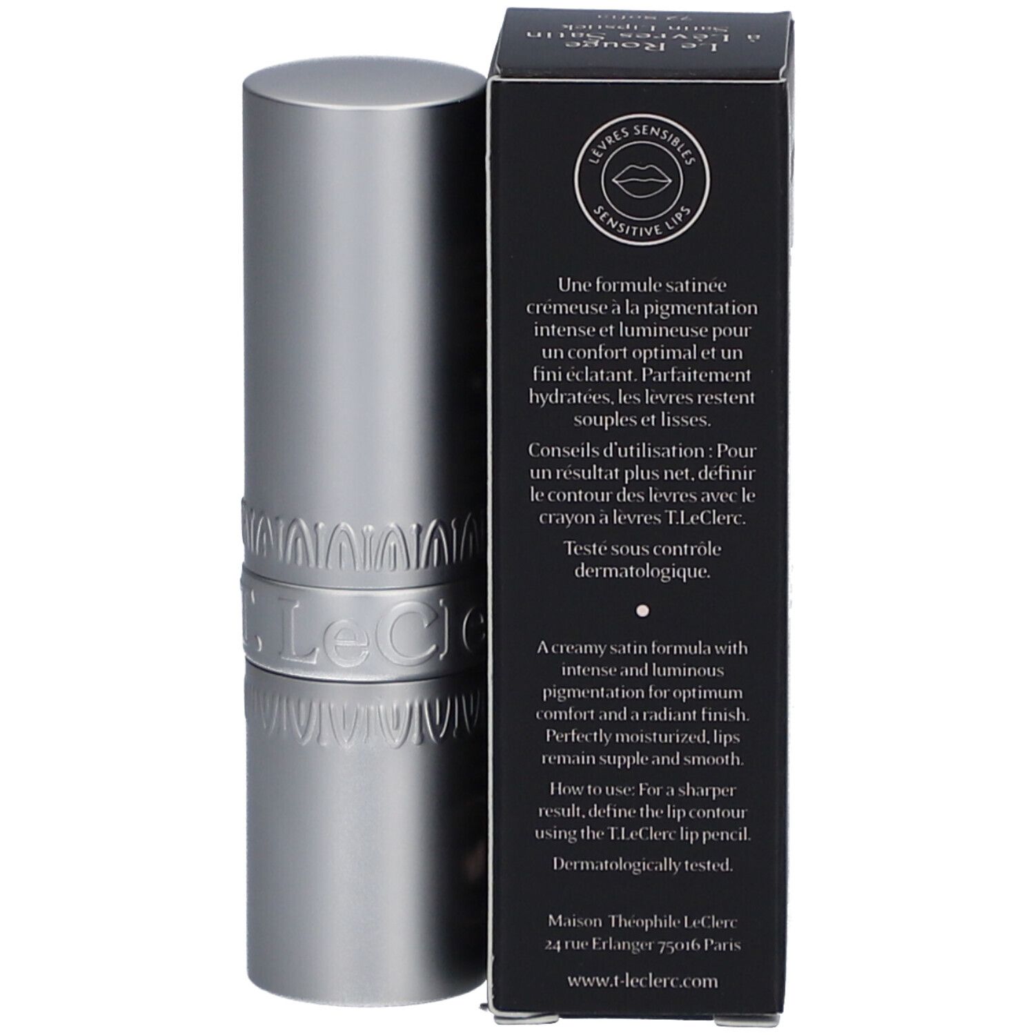 Lippenstift und Schachtel. Text auf der Schachtel: T. LeClerc, Le Rouge à Lèvres Satin.