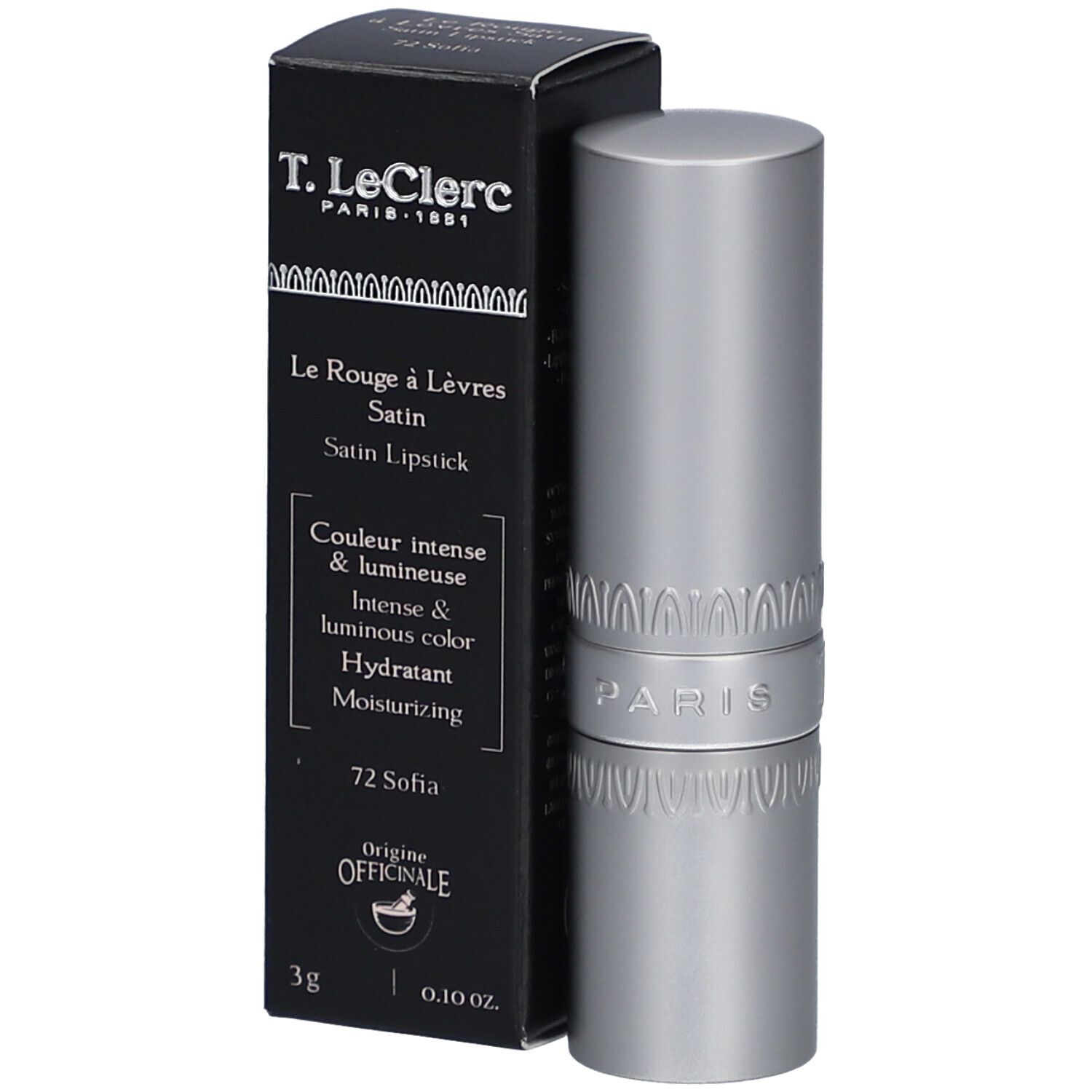Lippenstift und Schachtel. T. LeClerc Lippenstift Satin Sofia 72. Schwarze Schachtel mit Produktinformationen.