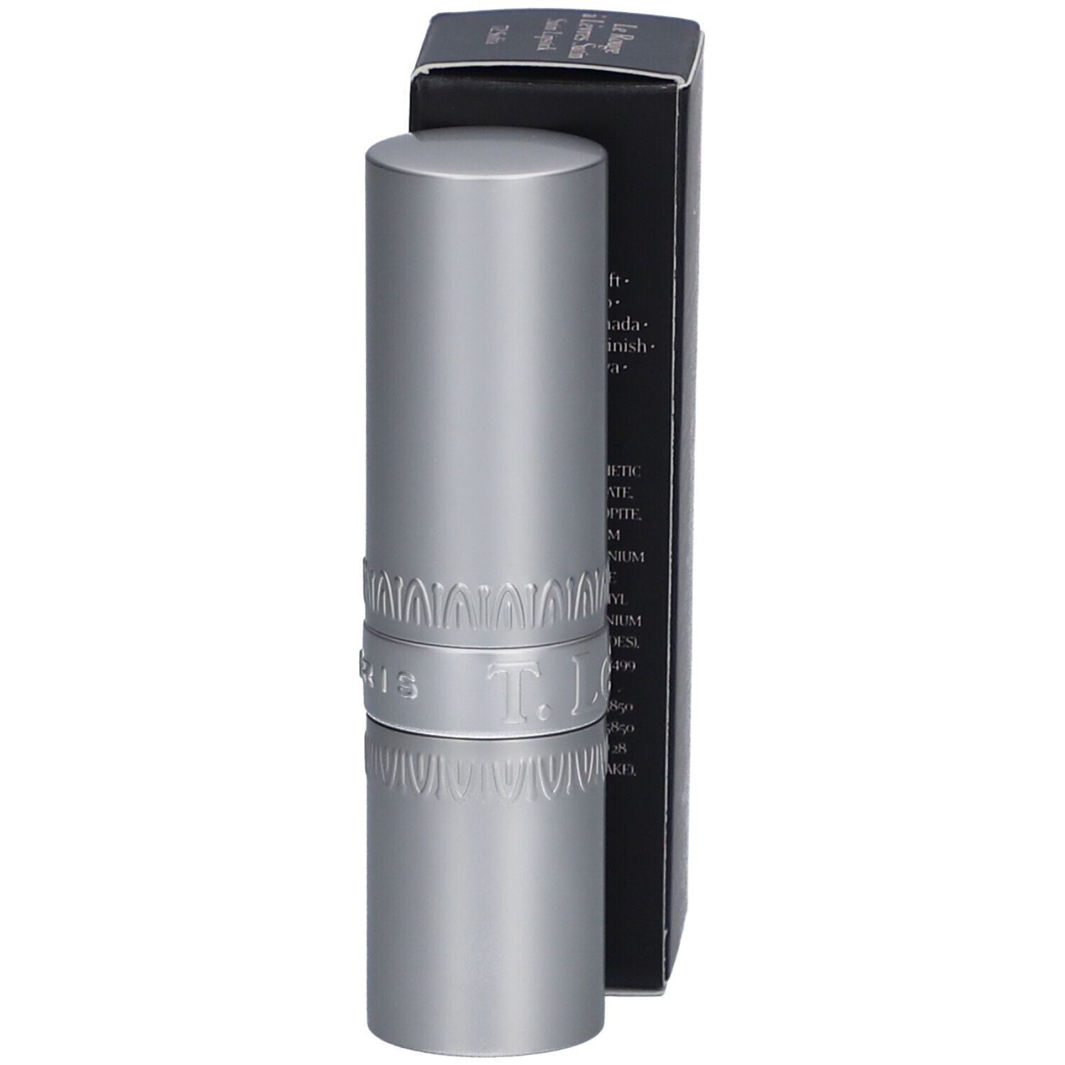 Lippenstift und Schachtel. T. LeClerc Lippenstift Satin Sofia 72. Schwarze Schachtel mit Produktinformationen.