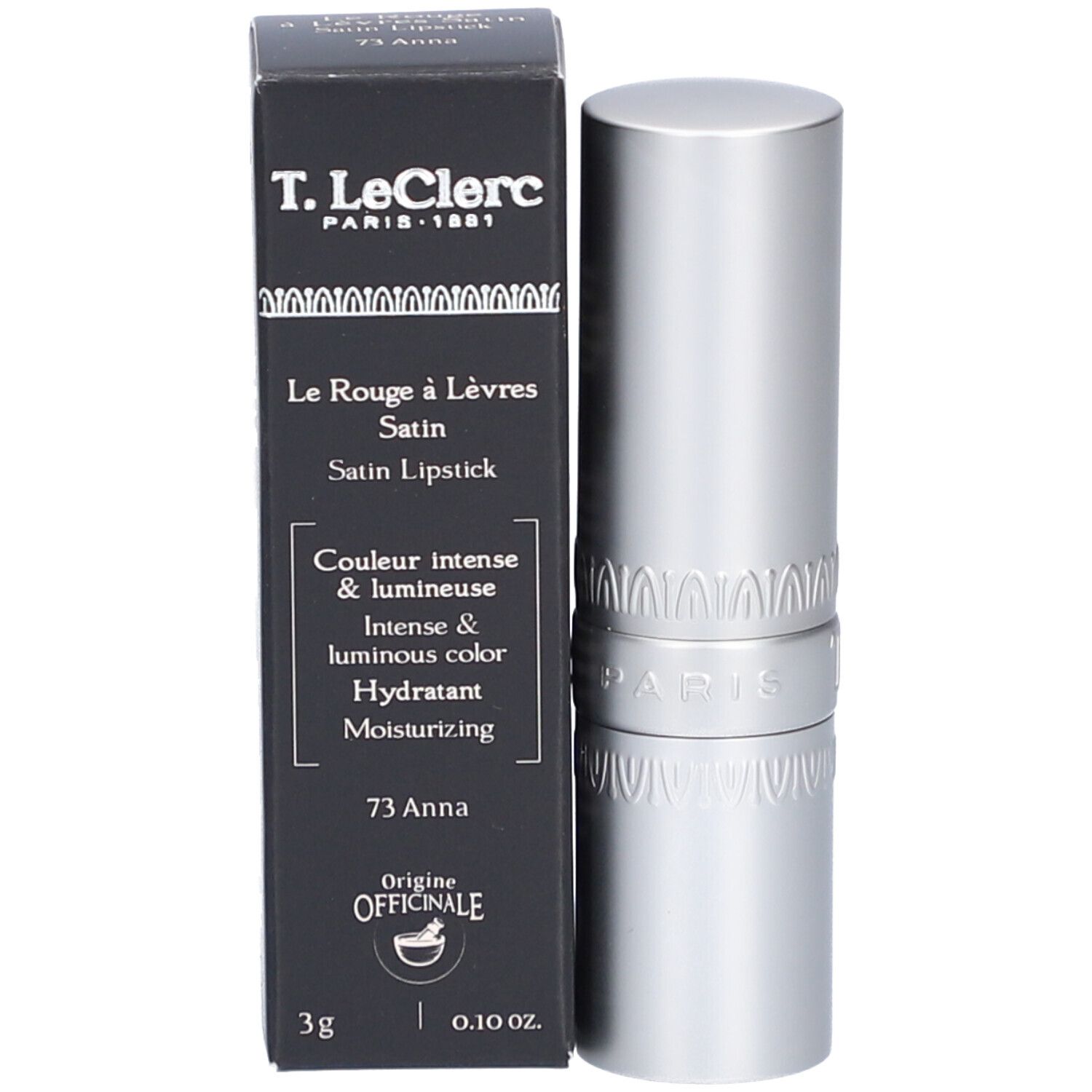 Lippenstift und Schachtel. Silberfarbener Lippenstift, schwarze Schachtel mit Produktinformationen. Marke: T. LeClerc.