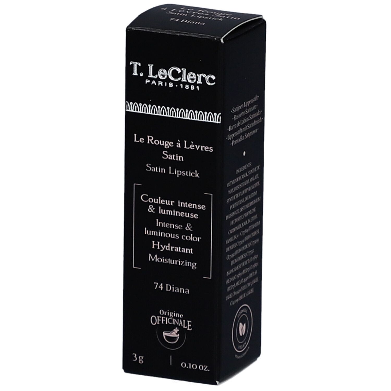 T. LeClerc Lippenstift-Verpackung. Schwarz, rechteckig. Text: Le Rouge à Lèvres Satin, 74 Diana, 3g.