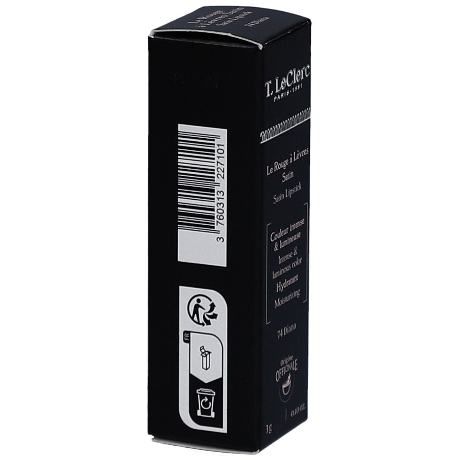T. LeClerc Lippenstift-Verpackung. Schwarz, rechteckig. Barcode und Recycling-Symbole.