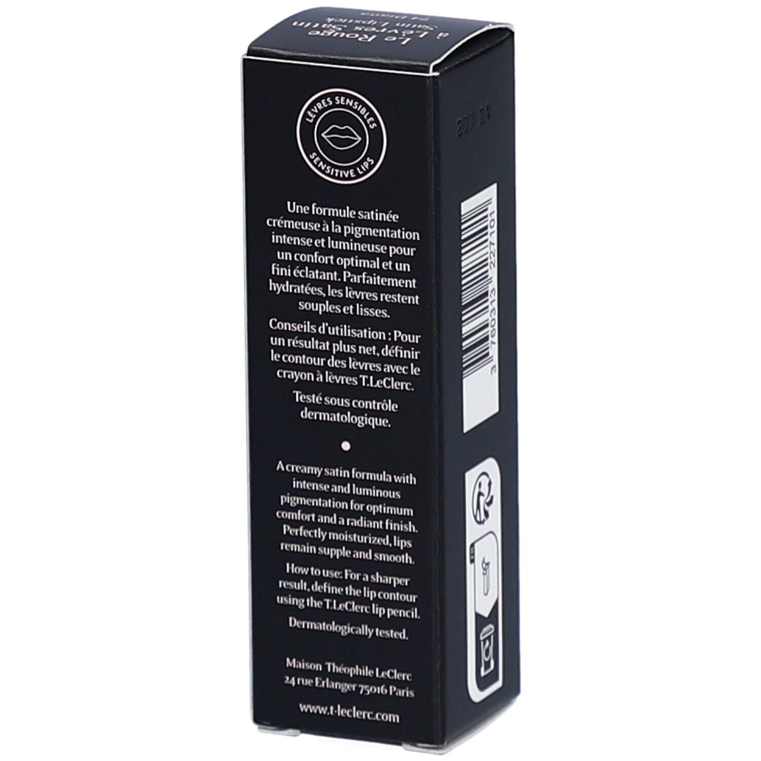 Rückseite der T. LeClerc Lippenstift-Verpackung. Text über Inhaltsstoffe und Anwendung.