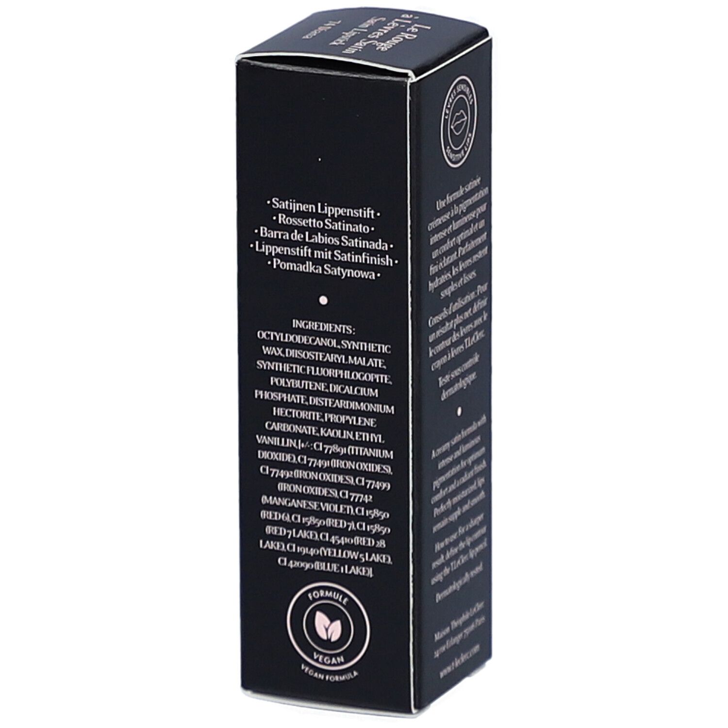 Rückseite der T. LeClerc Lippenstift-Verpackung. Inhaltsstoffe und veganes Logo.