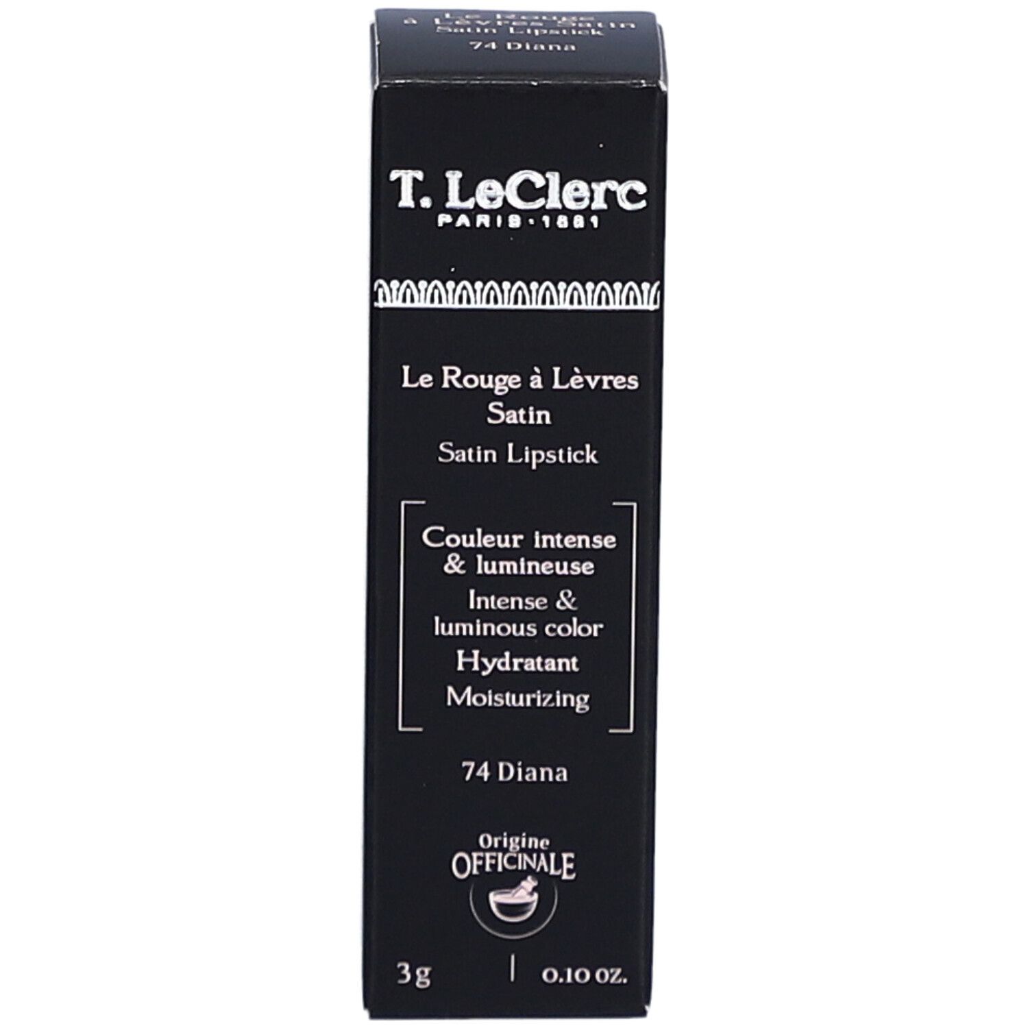 T. LeClerc Lippenstift-Verpackung. Schwarz, rechteckig. Text: Le Rouge à Lèvres Satin, 74 Diana, 3g.