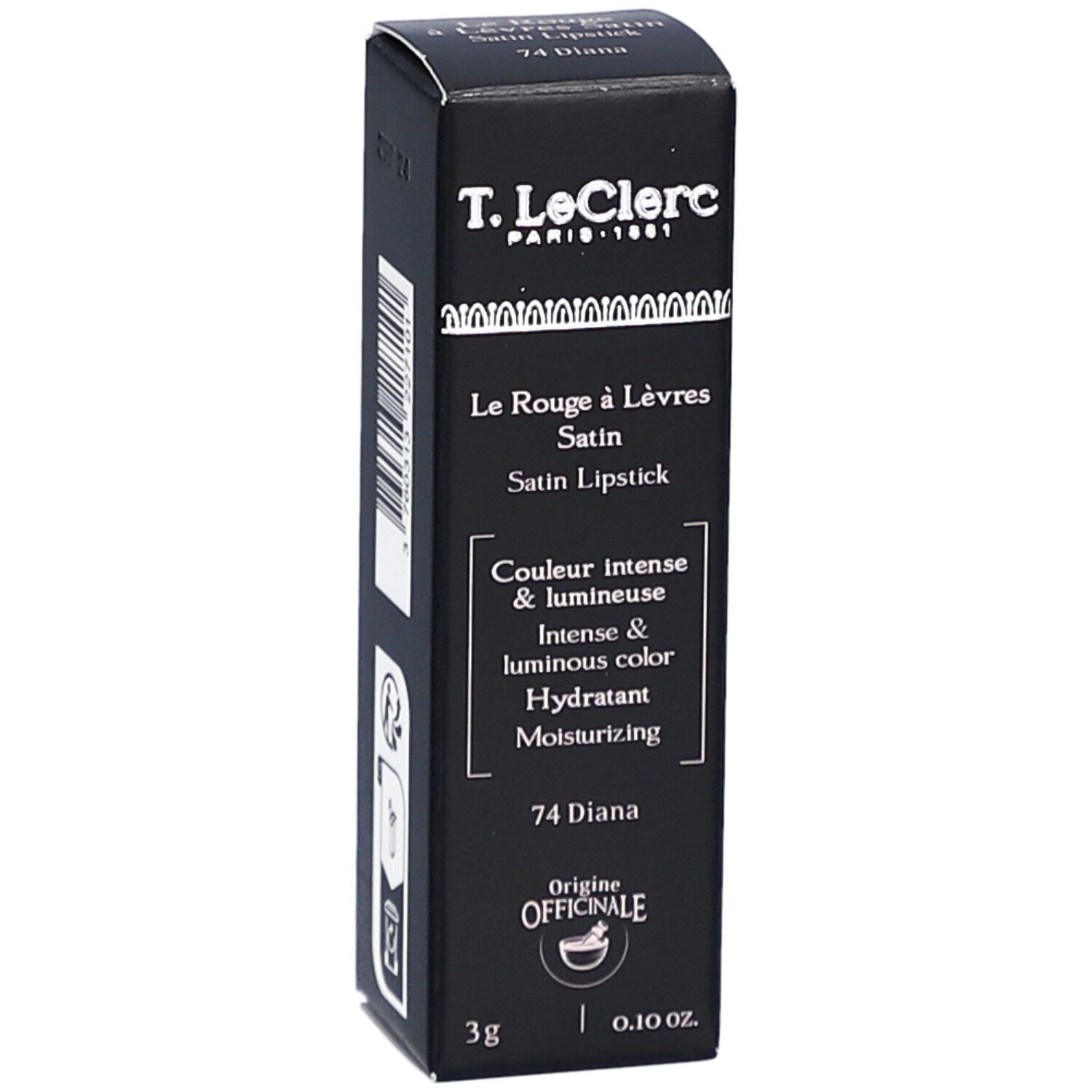 T. LeClerc Lippenstift-Verpackung. Schwarz, rechteckig. Text: Le Rouge à Lèvres Satin, 74 Diana, 3g.