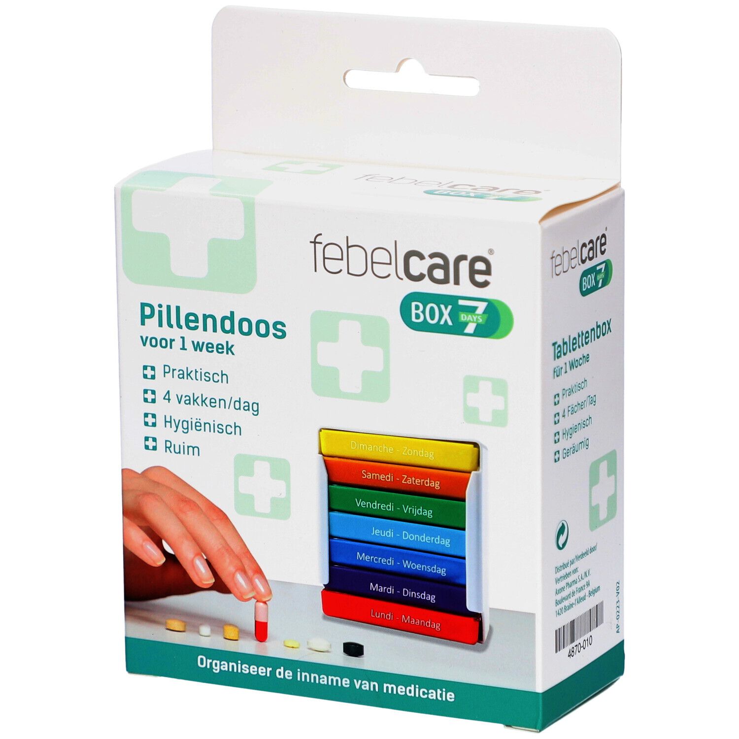 Tablettenbox Febelcare Box 7. Weiße Verpackung mit Pillendose. Hand mit Pille. Text: Pillendoos voor 1 week.
