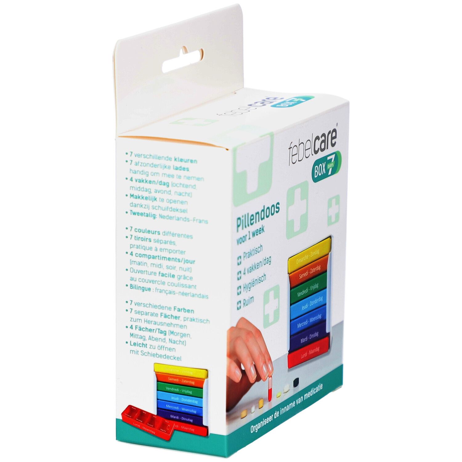 Tablettenbox Febelcare Box 7. Weiße Verpackung mit Pillendose. Hand mit Pille. Text: Pillendoos voor 1 week.