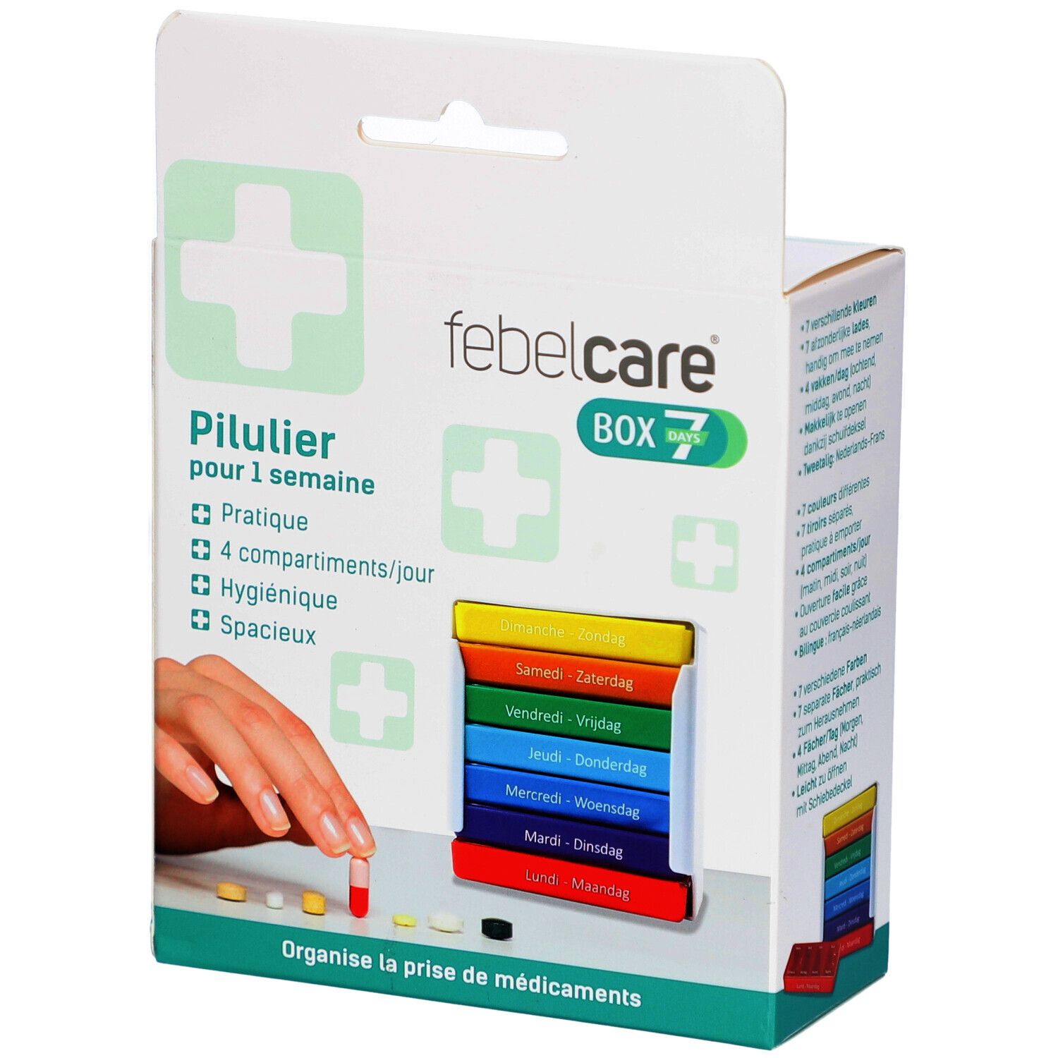 Tablettenbox Febelcare Box 7. Weiße Verpackung mit Pillendose. Hand mit Pille. Text: Pillendoos voor 1 week.