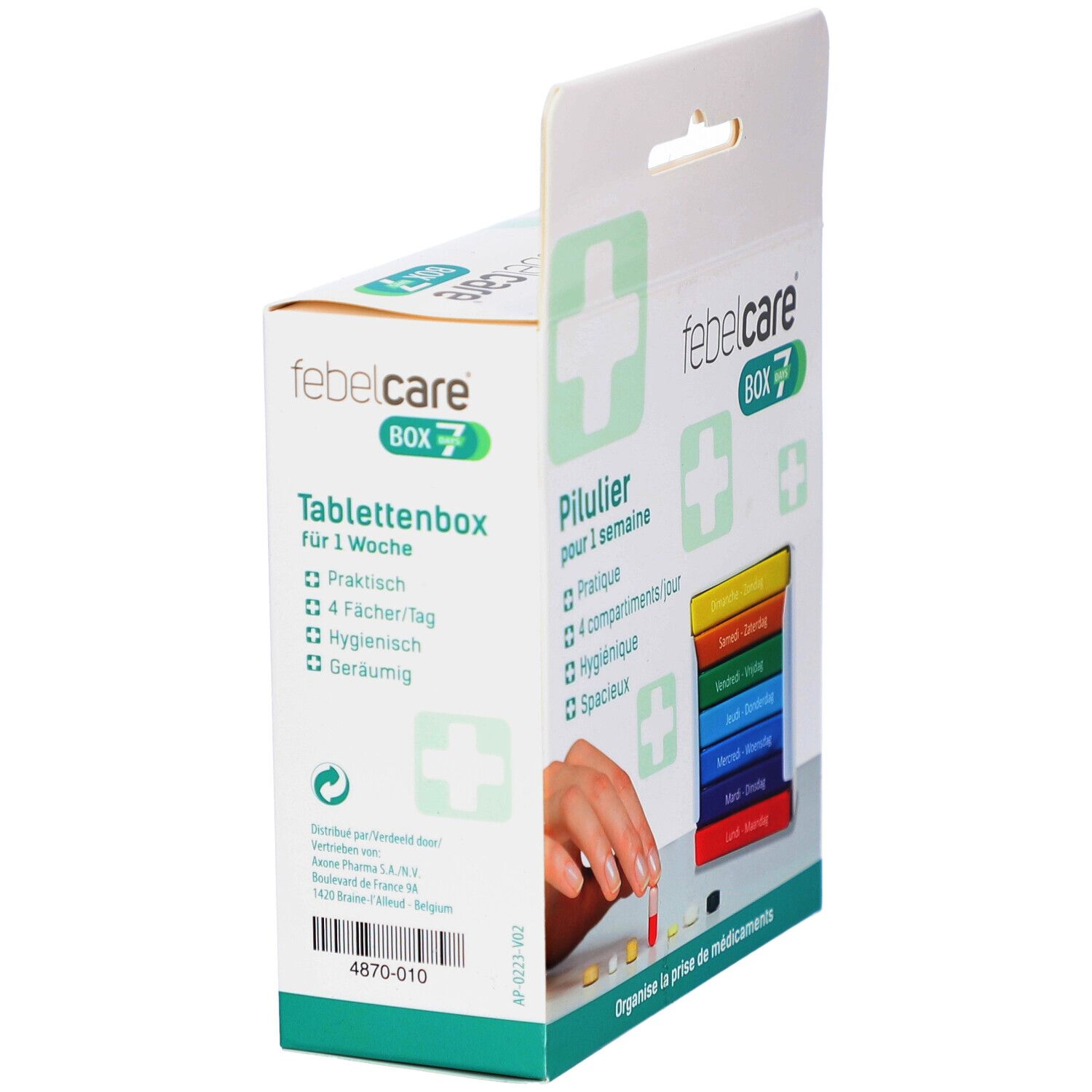 Tablettenbox Febelcare Box 7. Weiße Verpackung mit Pillendose. Hand mit Pille. Text: Pillendoos voor 1 week.