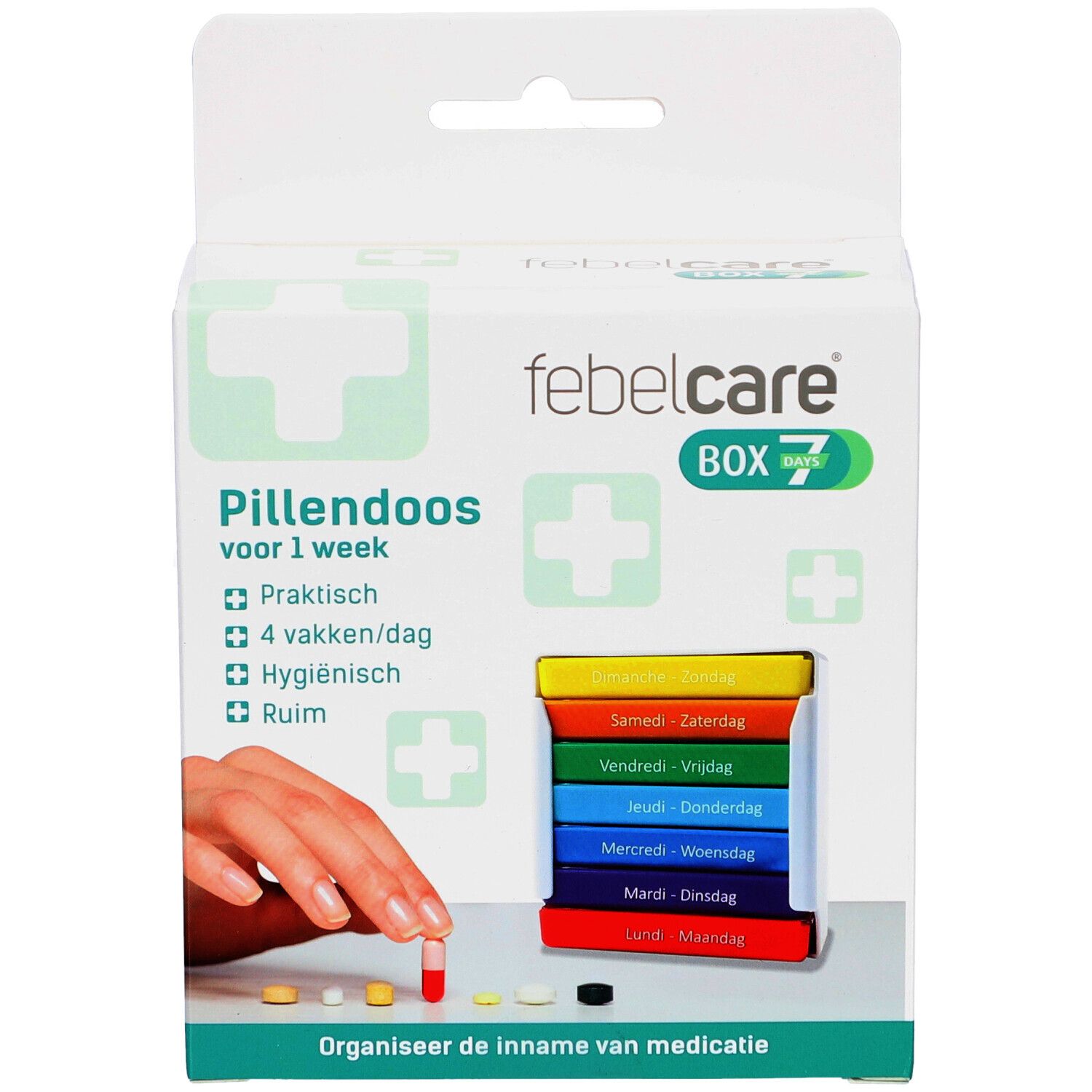 Tablettenbox Febelcare Box 7. Weiße Verpackung mit Pillendose. Hand mit Pille. Text: Pillendoos voor 1 week.