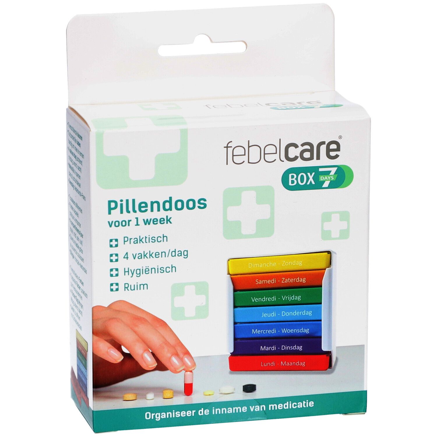 Tablettenbox Febelcare Box 7. Weiße Verpackung mit Pillendose. Hand mit Pille. Text: Pillendoos voor 1 week.