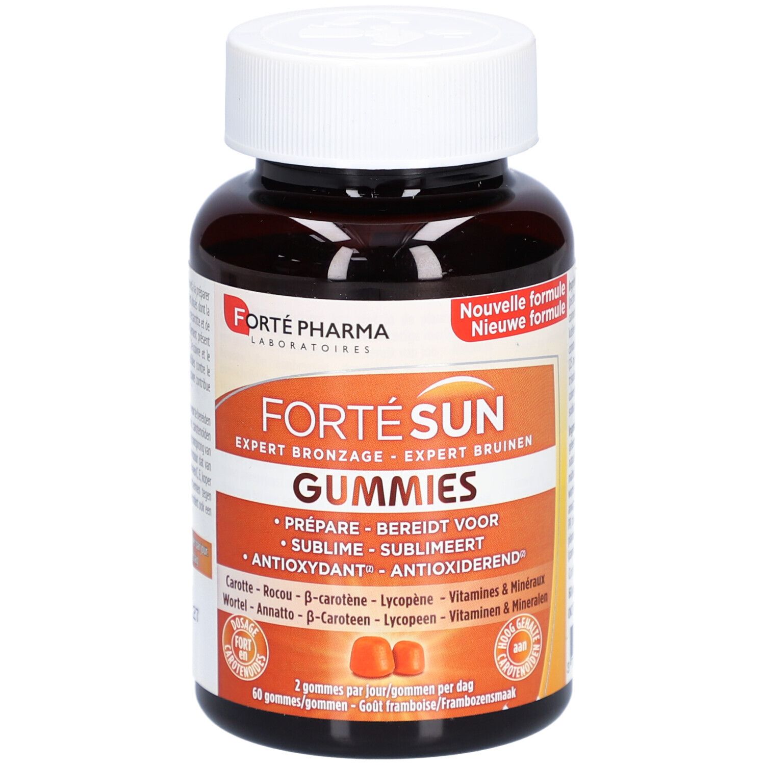 Braune Flasche mit weißen Deckel. Aufkleber mit "Forté Sun Gummies". Zwei orangefarbene Gummibärchen sind sichtbar.