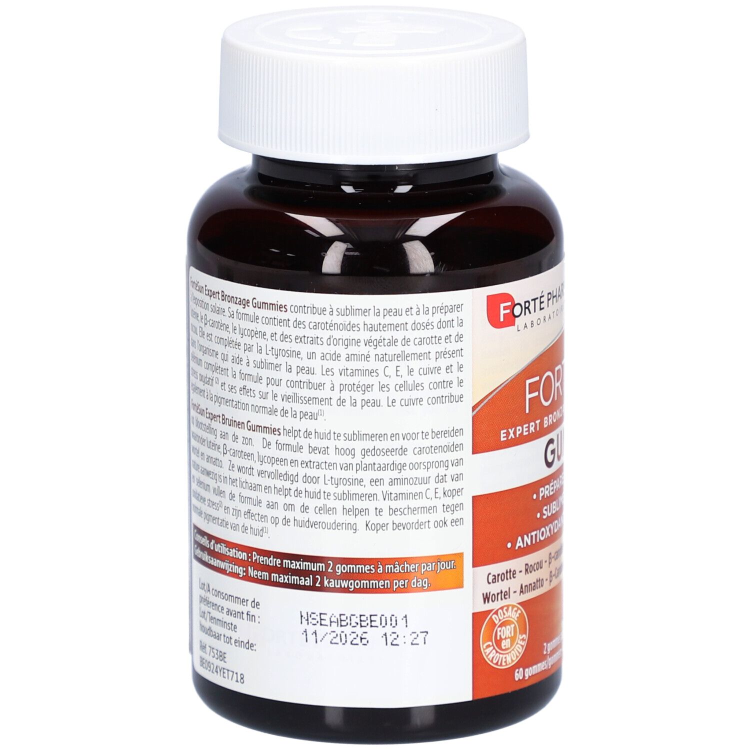 Rückseite der braunen Flasche mit weißem Deckel. Text auf dem Etikett. "Forté Sun Expert Bronzage Gummies".