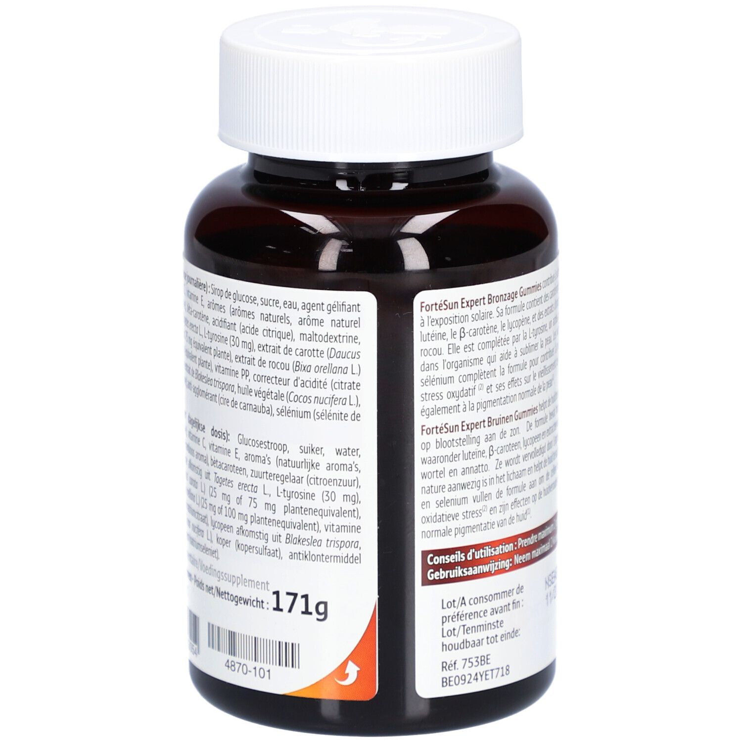 Rückseite der braunen Flasche mit weißem Deckel. Text auf dem Etikett. Zutatenliste und Gewicht: 171g.