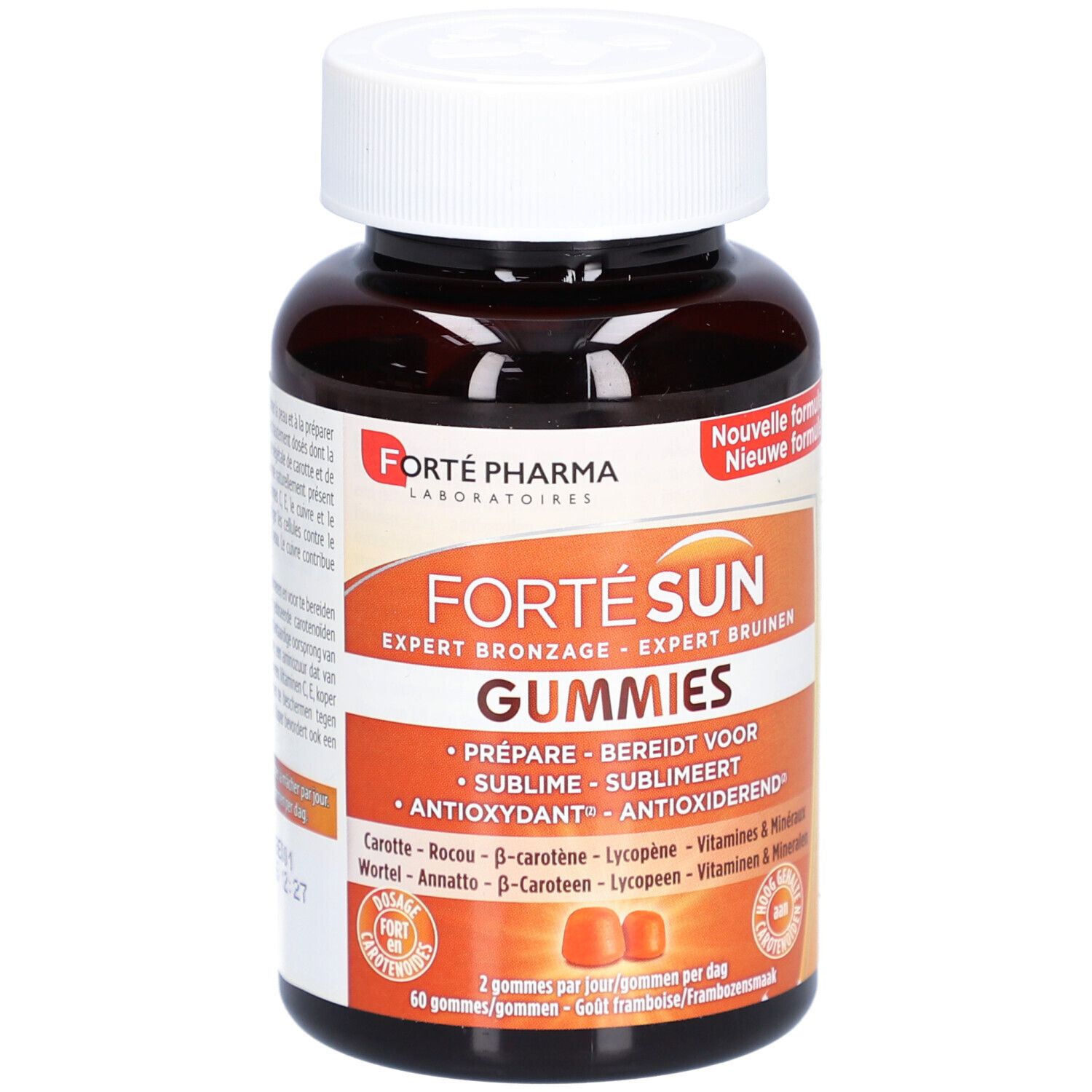 Braune Flasche mit weißem Deckel. Aufkleber mit "Forté Sun Gummies". Zwei orangefarbene Gummibärchen sind sichtbar.