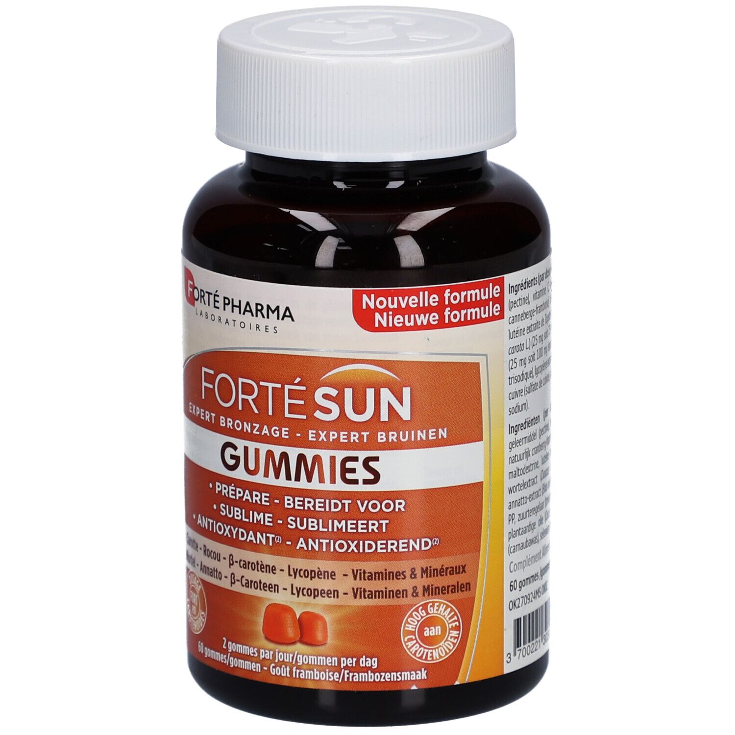 Braune Flasche mit weißem Deckel. Aufkleber mit "Forté Sun Gummies". Zwei orangefarbene Gummibärchen sind sichtbar.