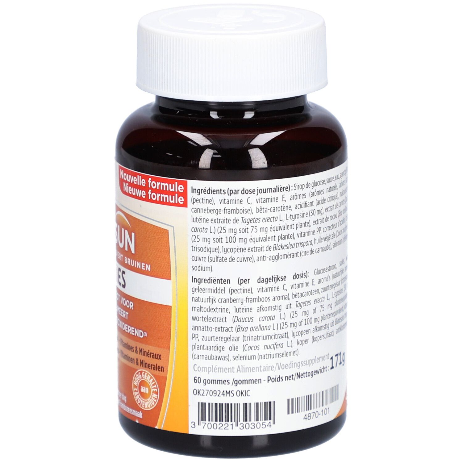 Rückseite der braunen Flasche mit weißem Deckel. Text auf dem Etikett. Zutatenliste und Gewicht: 171g.