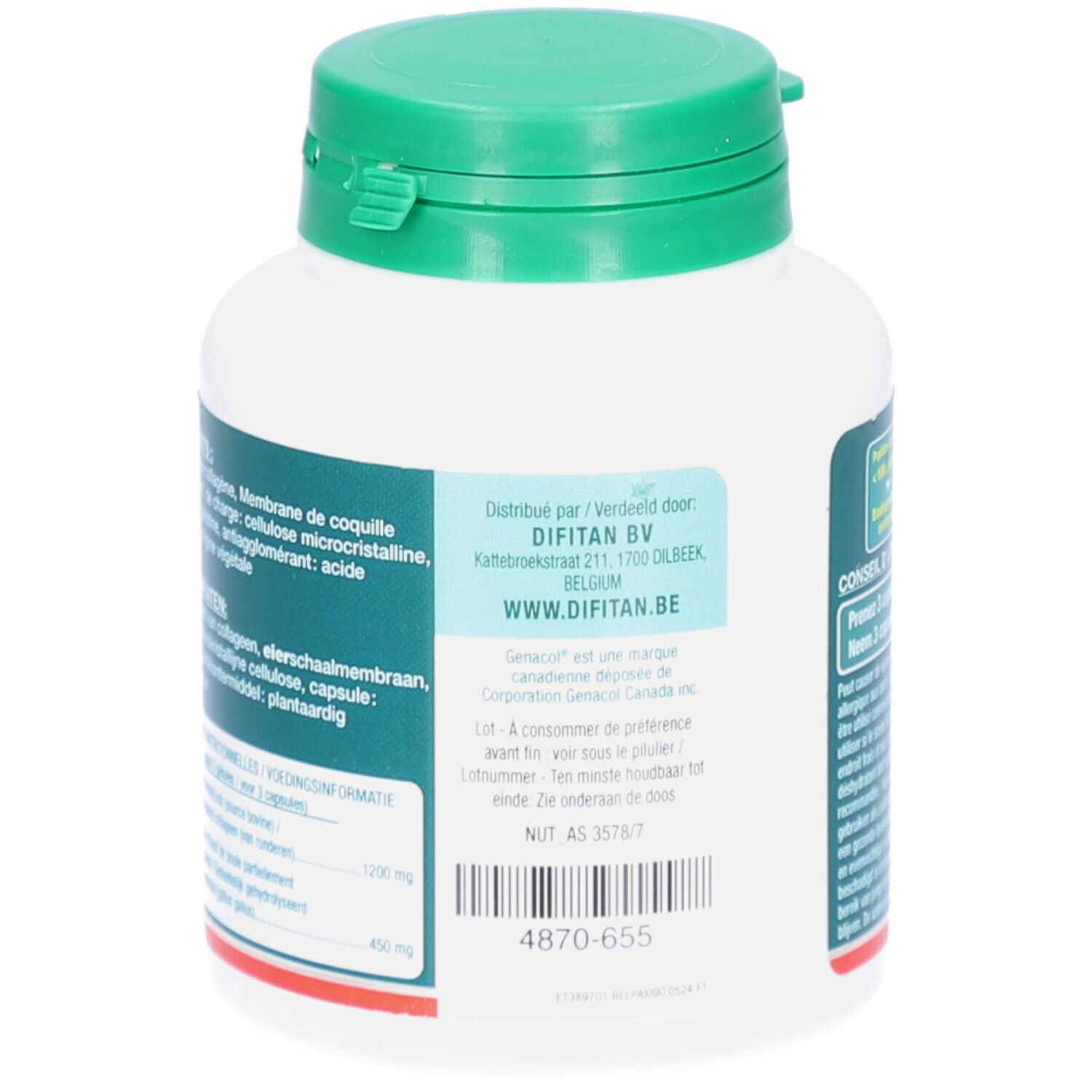 Dos du flacon blanc, bouchon vert. Texte et adresse du fabricant.