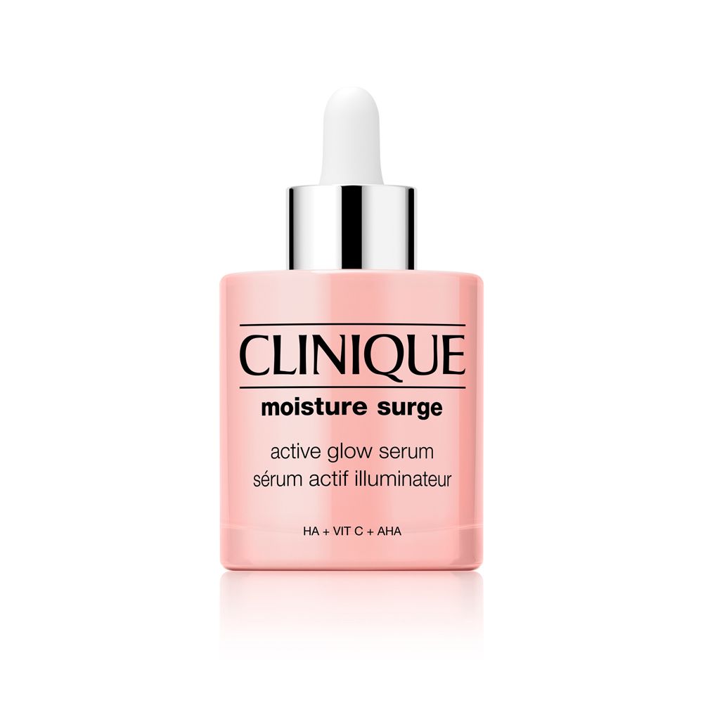 Flacon rose avec compte-gouttes blanc. Inscription : CLINIQUE moisture surge active glow serum.