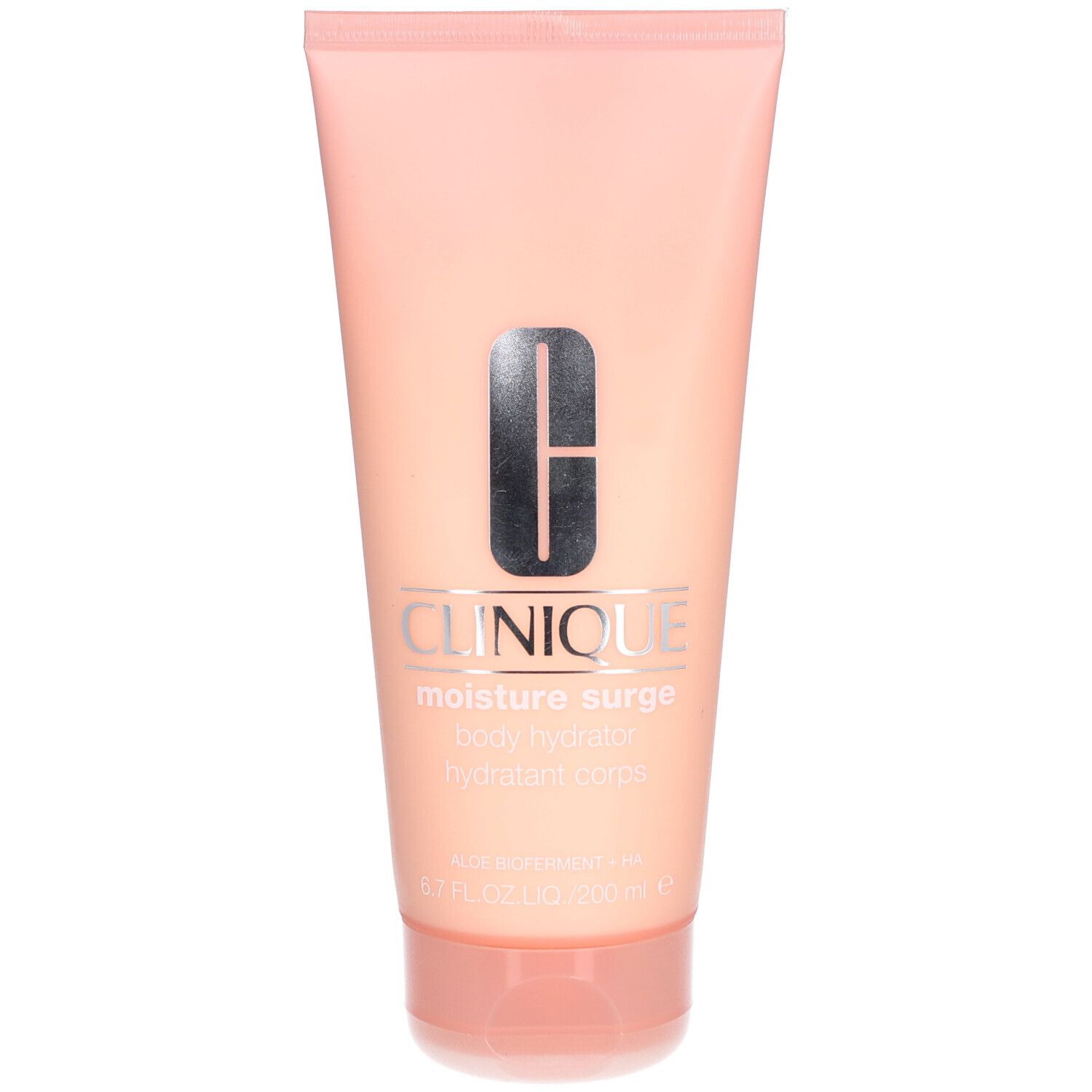 Rosa Tube mit silbernem Clinique-Logo und Schriftzug 'moisture surge'. Produktname und Text darunter.