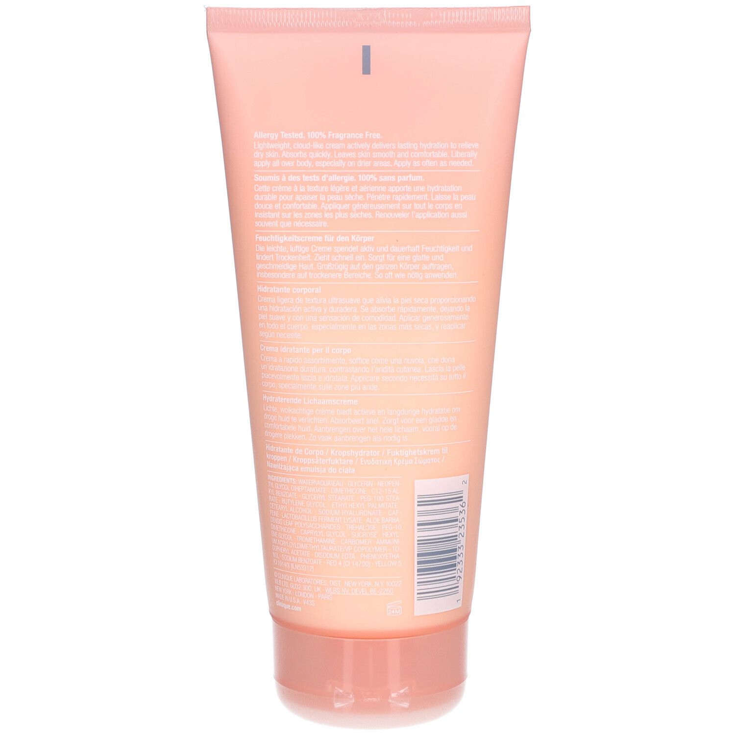 Rückseite einer rosa Tube. Text in mehreren Sprachen, Barcode und Produktinformationen.