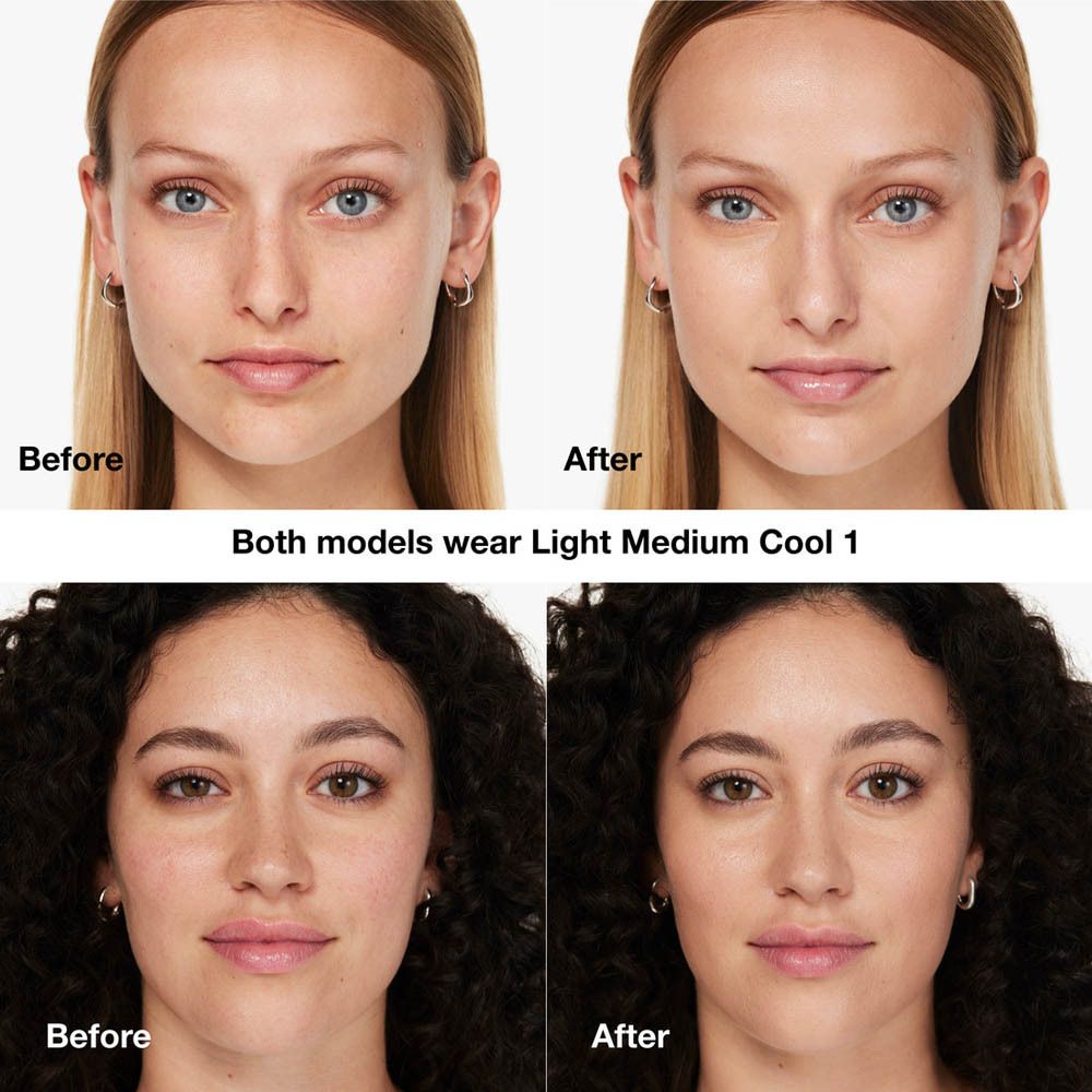 Vorher-Nachher-Vergleich. Modelle mit Clinique Even Better Clinical Vitamin Makeup SPF 50. Farbton Light Medium Cool 1.