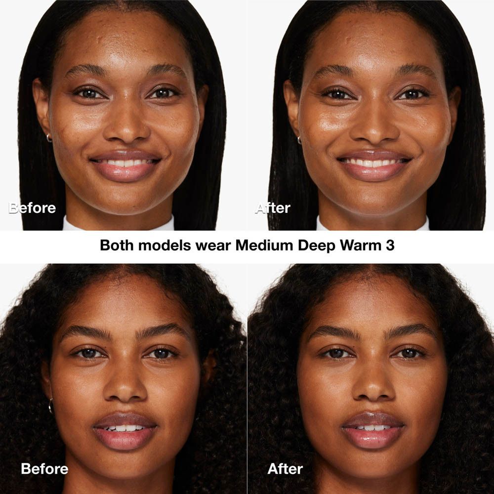 Vorher-Nachher-Vergleich. Zwei Frauen. Beide tragen Medium Deep Warm 3. Hautton-Unterschiede sichtbar.