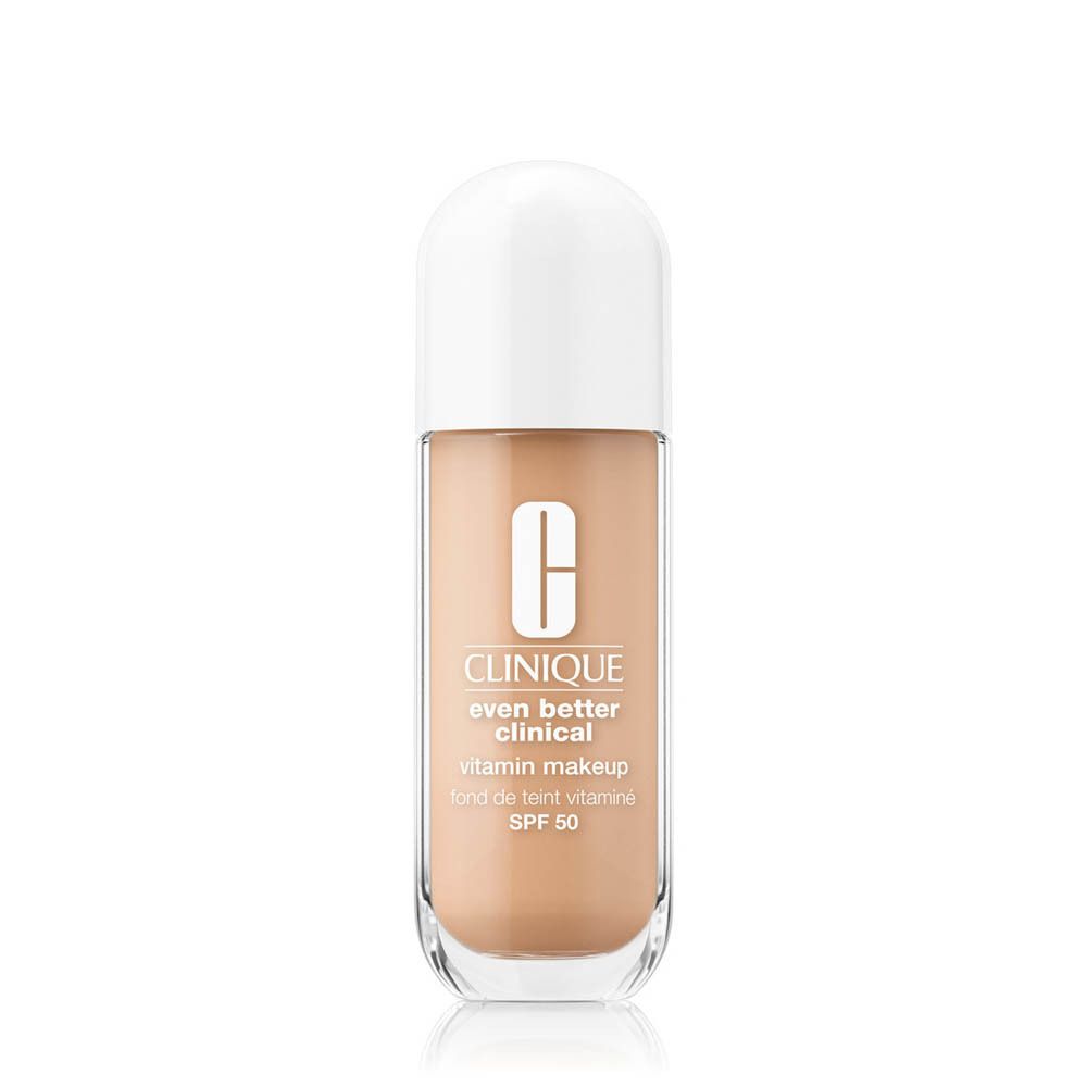 Clinique Even Better Clinical Vitamin Makeup Flasche. Vorderseite mit Text. Weißer Deckel. Beige Make-up.