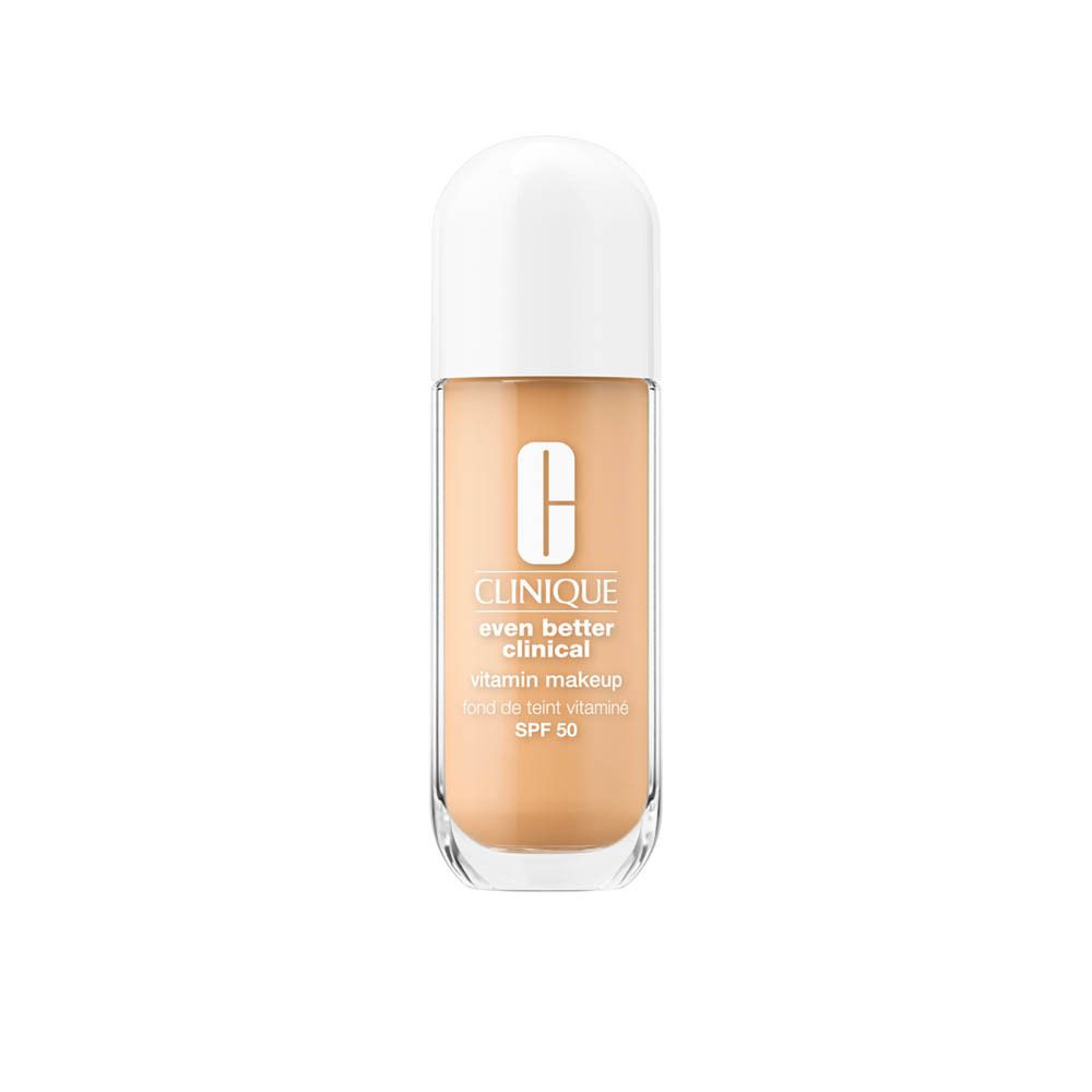 Flacon Clinique Even Better Clinical Vitamin Makeup SPF 50. Teinte beige, bouchon blanc. Vue du produit.