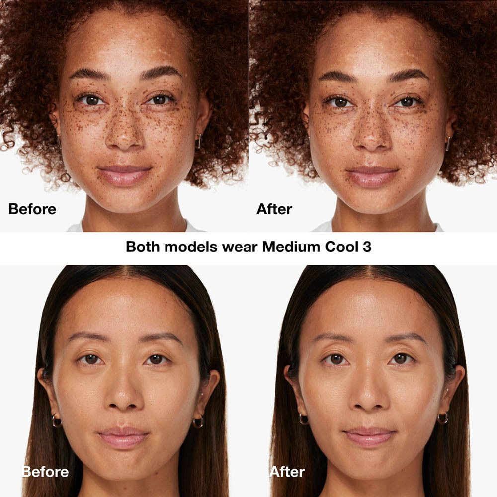 Comparaison avant-après. Modèles avec Clinique Even Better Clinical Vitamin Makeup.
