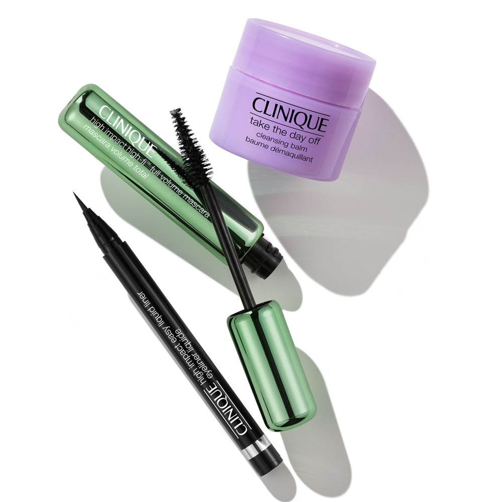 Clinique Augen-Make-up-Set mit Mascara, flüssigem Eyeliner und Reinigungsbalsam.