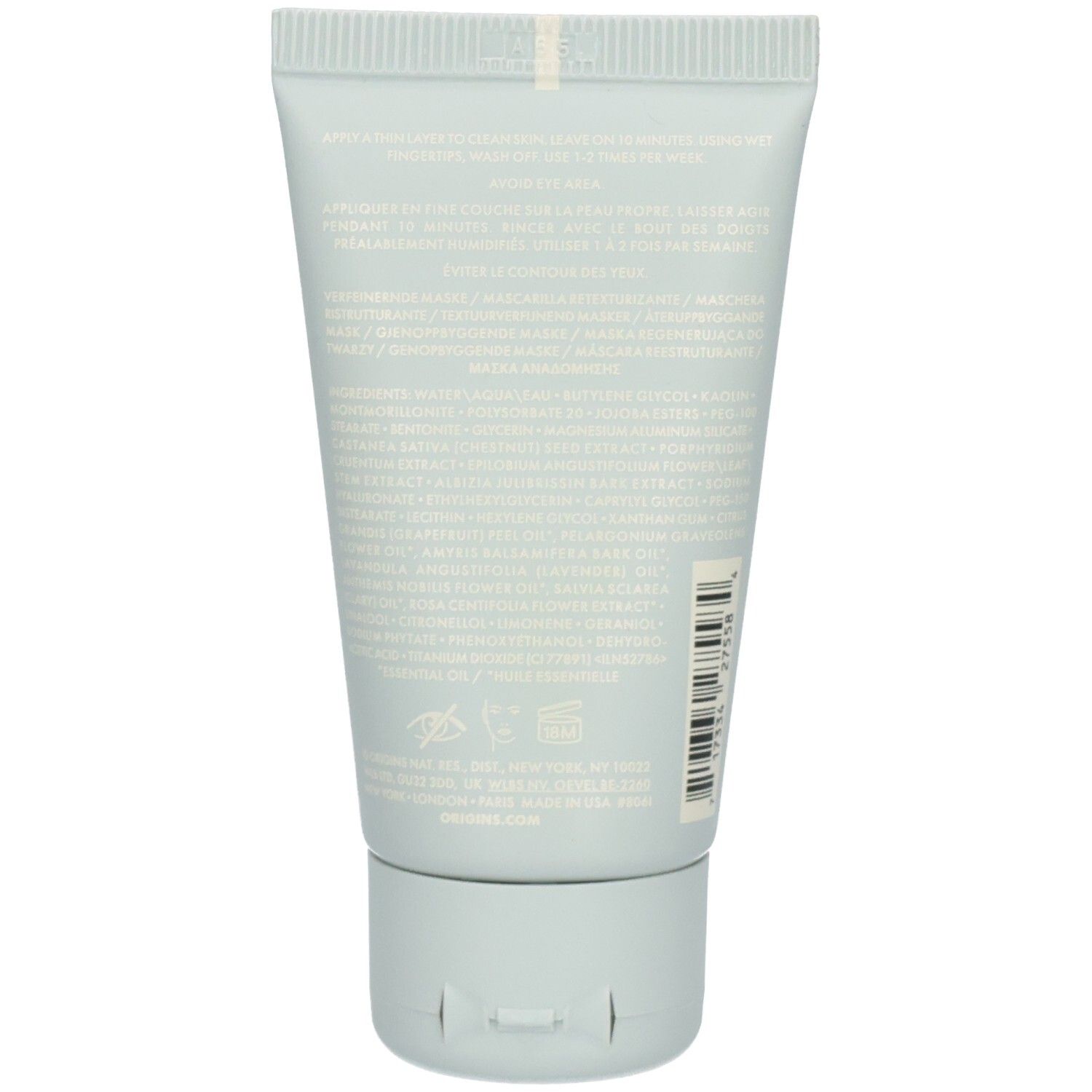 Rückseite der Origins Original Skin™ Retexturizing Mask Tube mit Inhaltsstoffen und Barcode.