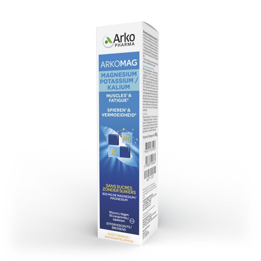 Boîte de produit Arkomag. Contient magnésium et potassium. Texte: Muscles & Fatigue, sans sucres. Effervescents.