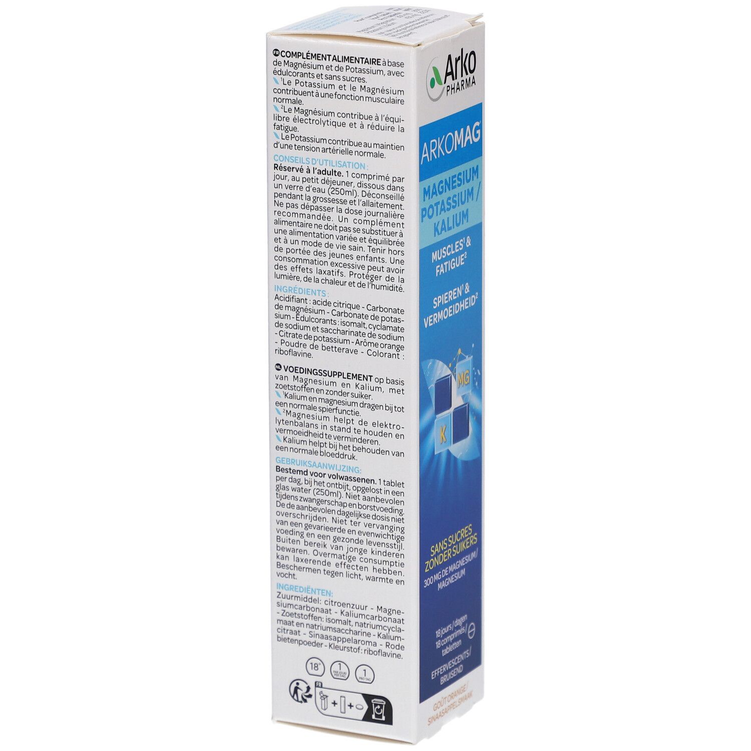 Rückseite der Schachtel von Arkopharma Arkomag. Text über Inhaltsstoffe und Anwendung. Informationen in Deutsch, Französisch, Niederländisch.