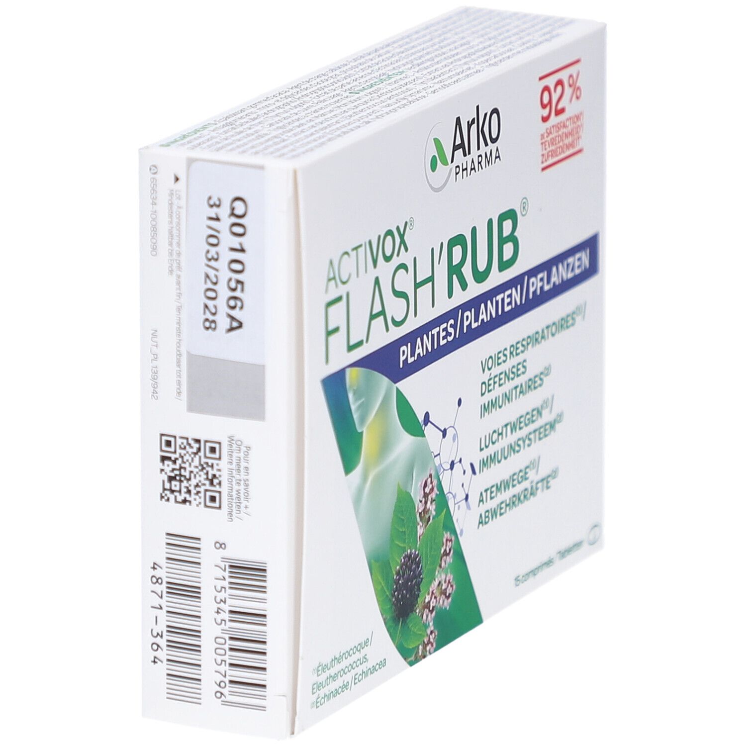 Boîte Arkopharma Activox Flash'Rub, vue latérale. Code QR, numéro de lot et informations produit.