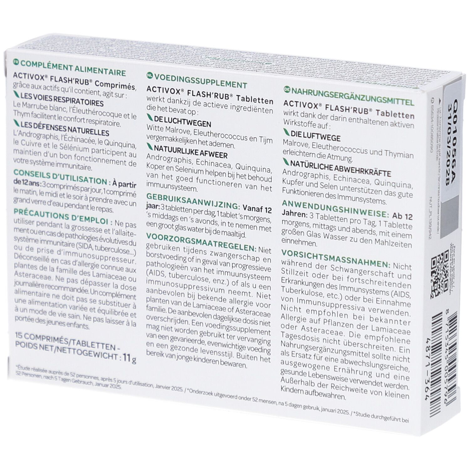 Dos de la boîte Arkopharma Activox Flash'Rub. Texte multilingue, ingrédients et mode d'emploi.