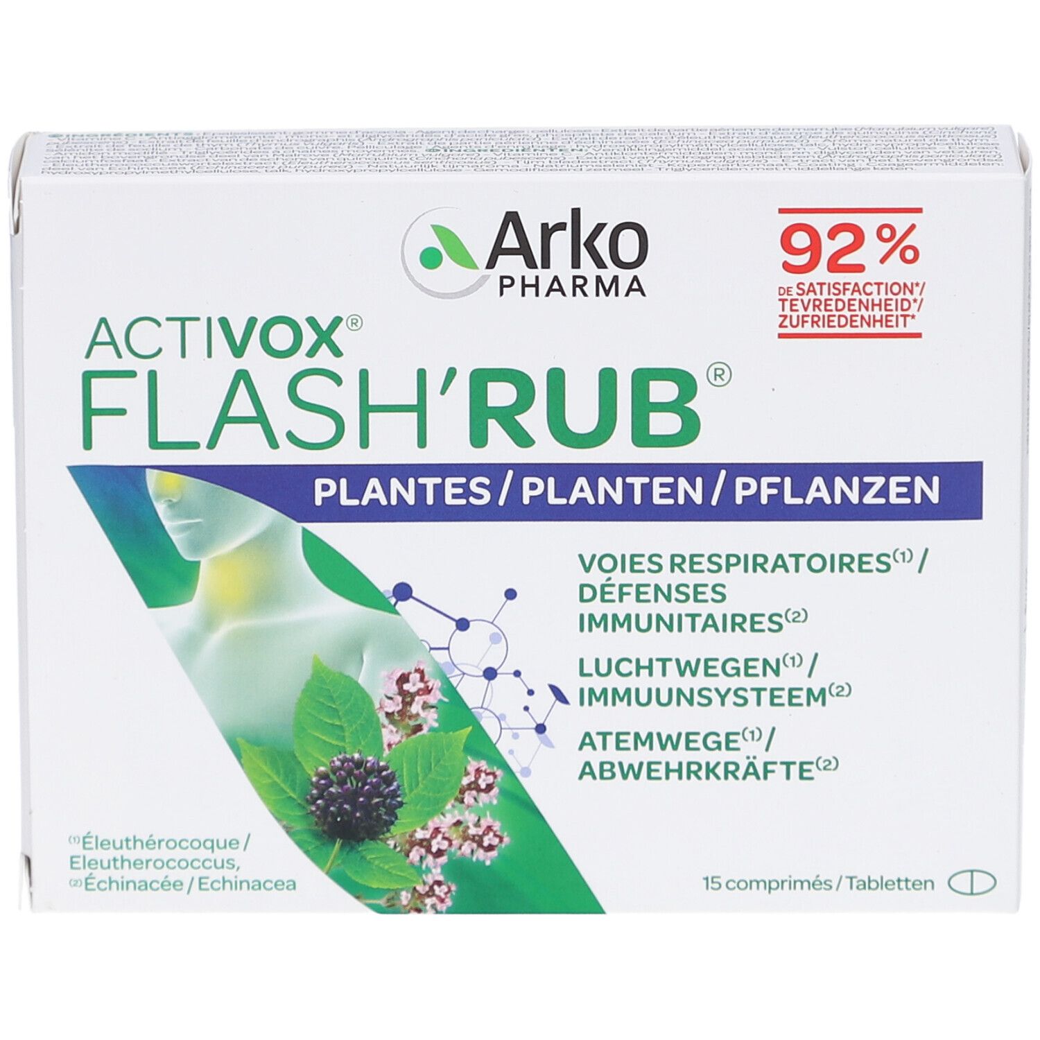 Boîte Arkopharma Activox Flash'Rub. Design vert et blanc avec nom et logo. 15 comprimés.