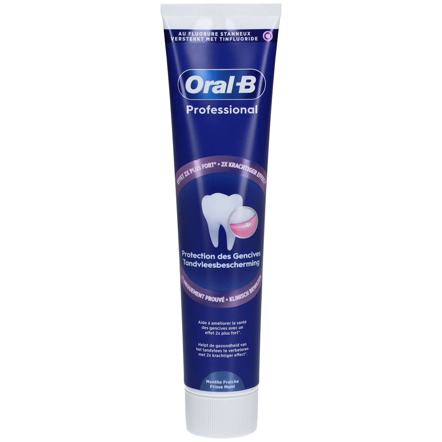 Zahncreme-Tube, blau, weißer Deckel. Oral-B Professional, Schutz des Zahnfleisches. Text.