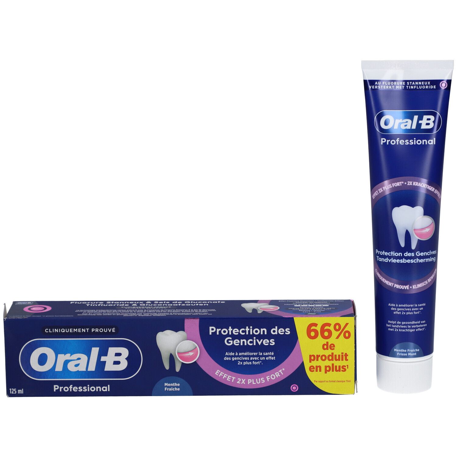 Zahncreme-Tube und Schachtel. Oral-B Professional, Schutz des Zahnfleisches. 66% mehr Inhalt.