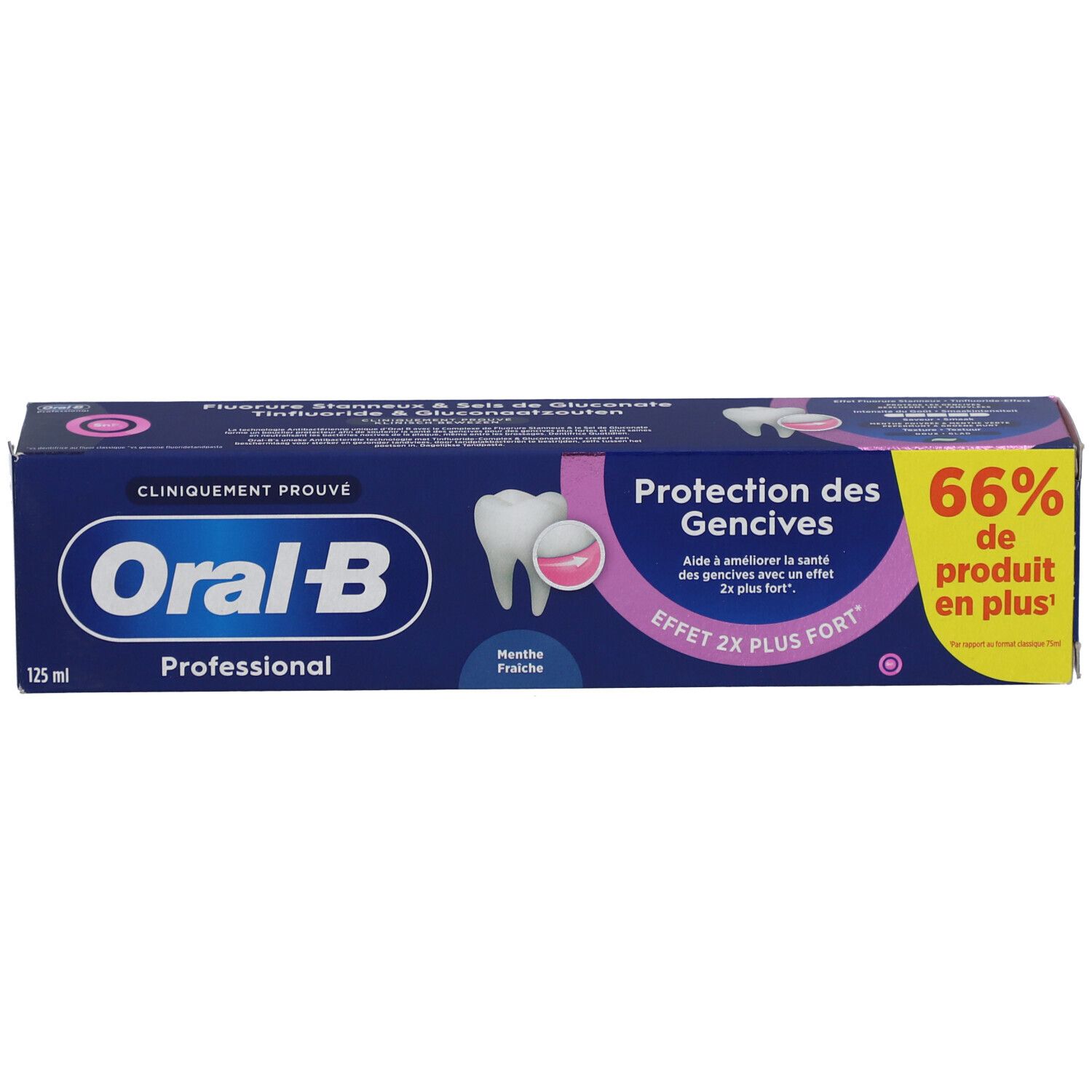 Zahncreme-Schachtel. Oral-B Professional, Schutz des Zahnfleisches. 66% mehr Inhalt.