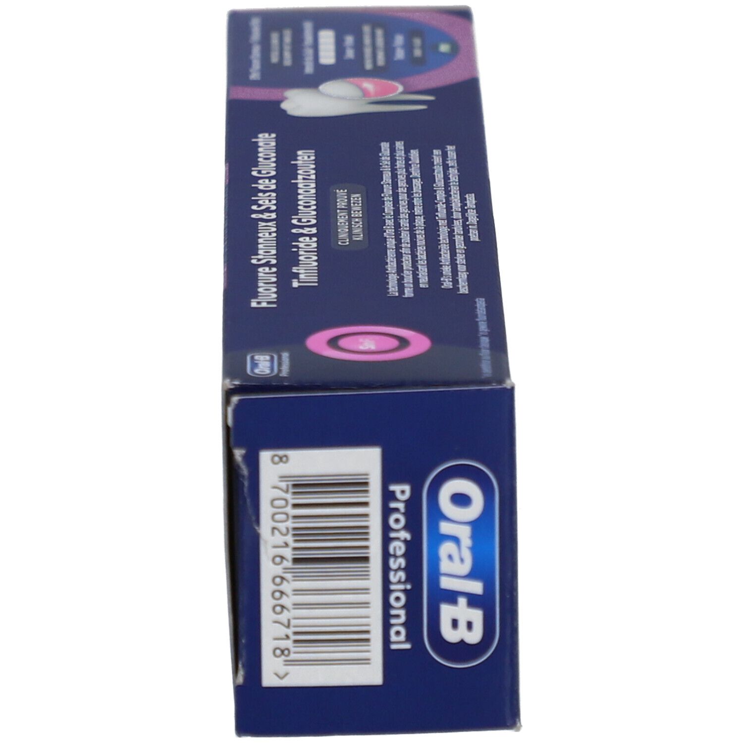 Zahncreme-Schachtel, Seitenansicht. Oral-B Professional, Text, Barcode.