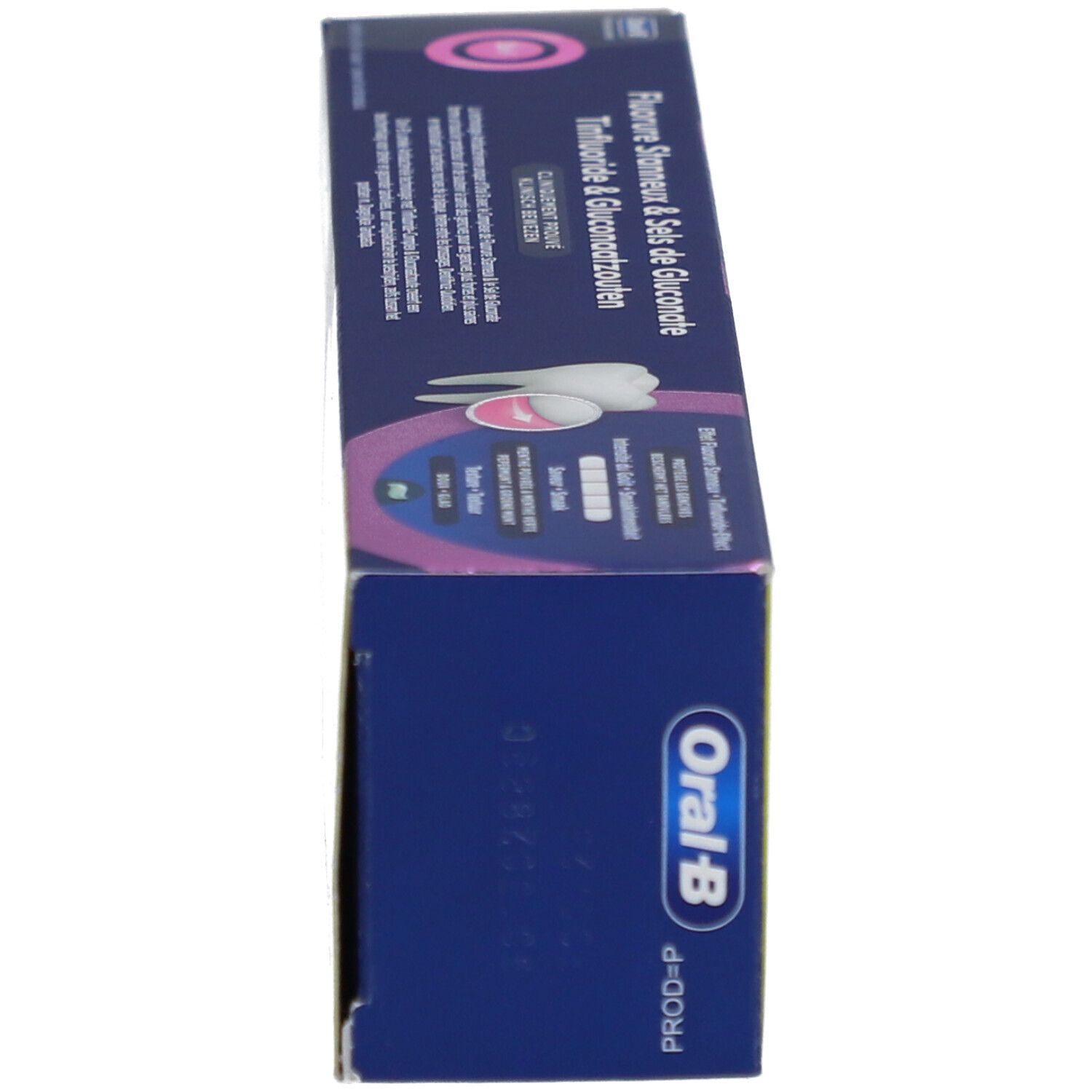 Zahncreme-Schachtel, Seitenansicht. Oral-B Professional, Text.